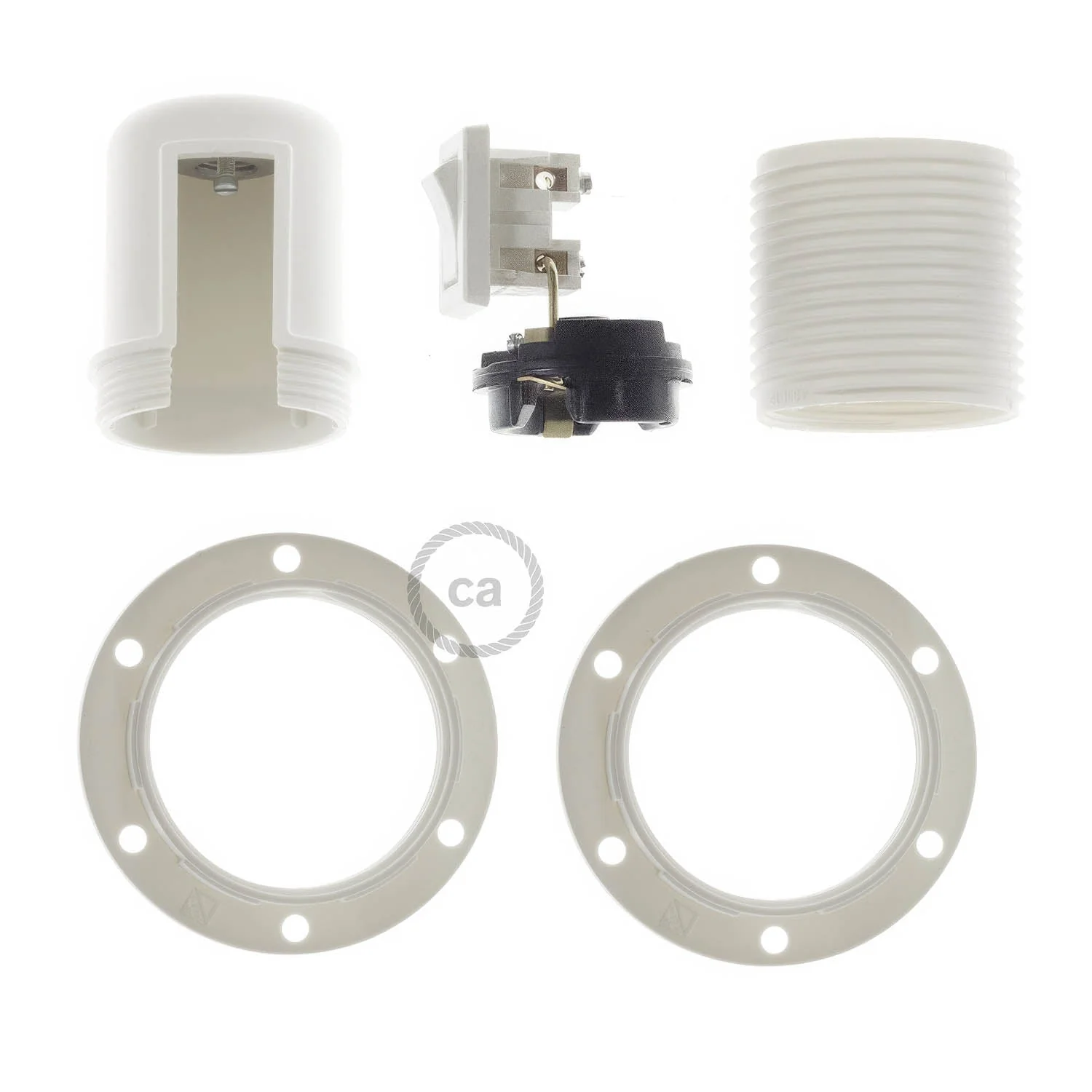 E27-Fassungsset aus Thermoplastik mit Doppelring für Schirm und Schalter – Weiß - Image 2