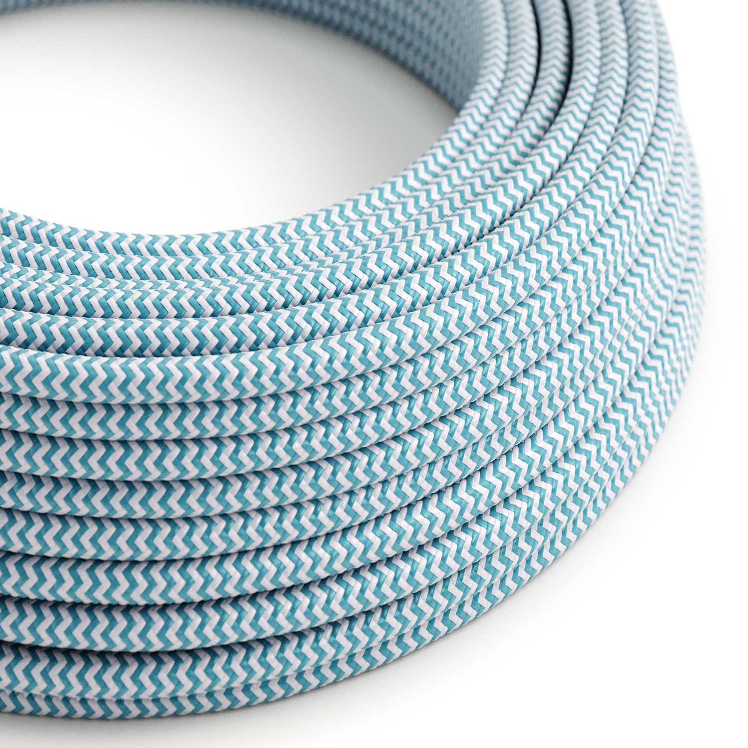 Glänzendes, farbiges Elektrokabel in Cyanblau und Reinweiß im Zickzack – Das Original von Creative Cables, perfekt für Ihre Lampen – RZ11