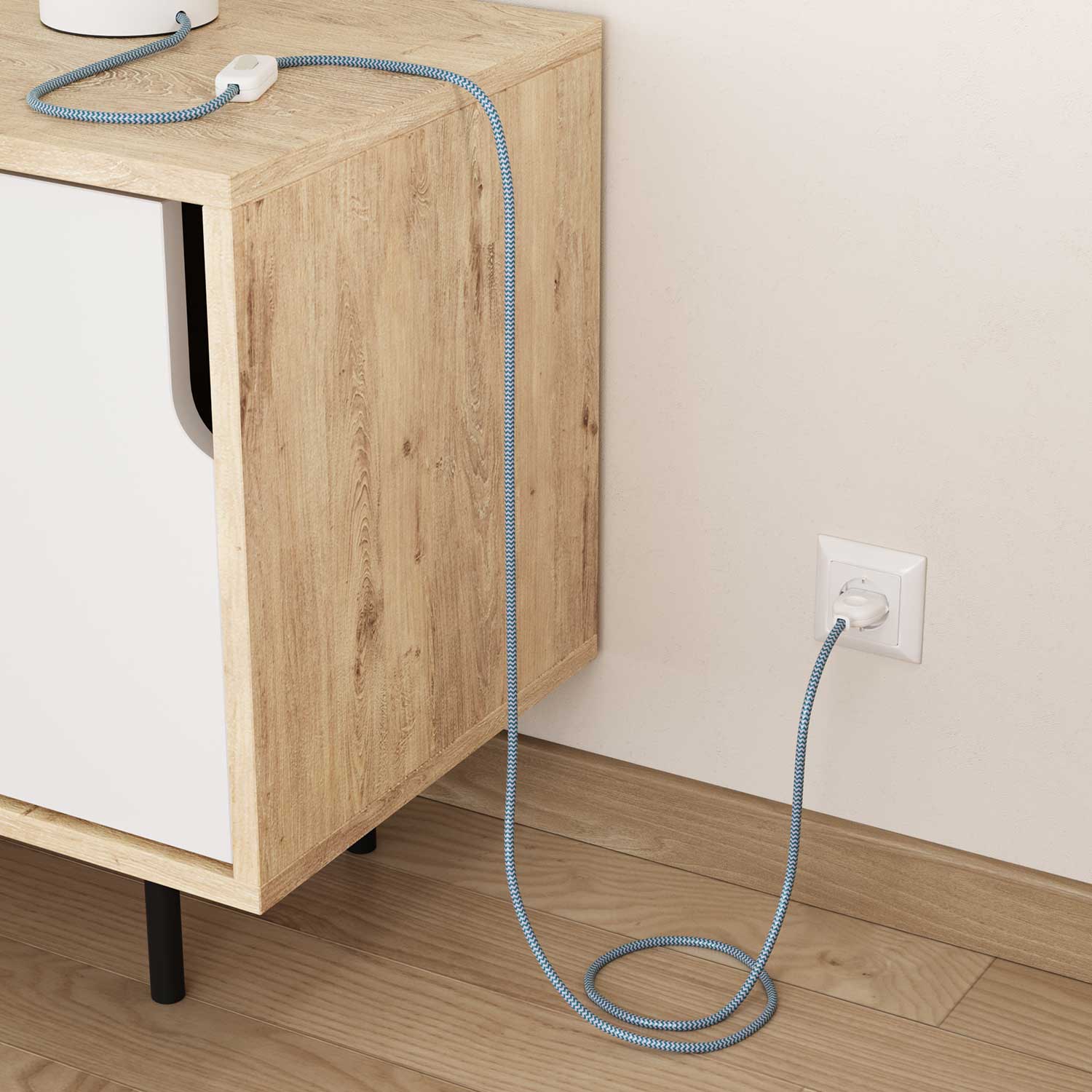 Glänzendes, farbiges Elektrokabel in Cyanblau und Reinweiß im Zickzack – Das Original von Creative Cables, perfekt für Ihre Lampen – RZ11 - Image 3