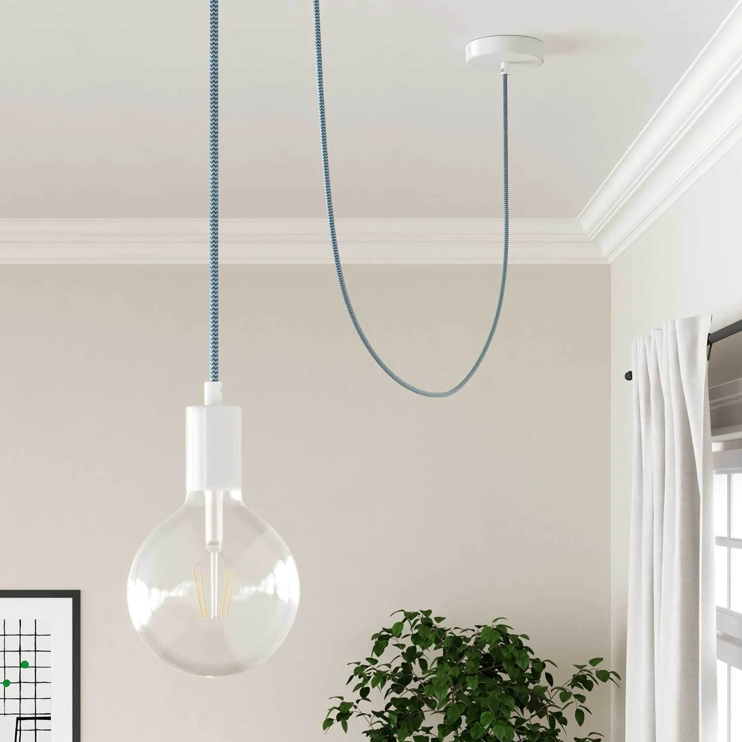 Glänzendes, farbiges Elektrokabel in Cyanblau und Reinweiß im Zickzack – Das Original von Creative Cables, perfekt für Ihre Lampen – RZ11 - Image 4