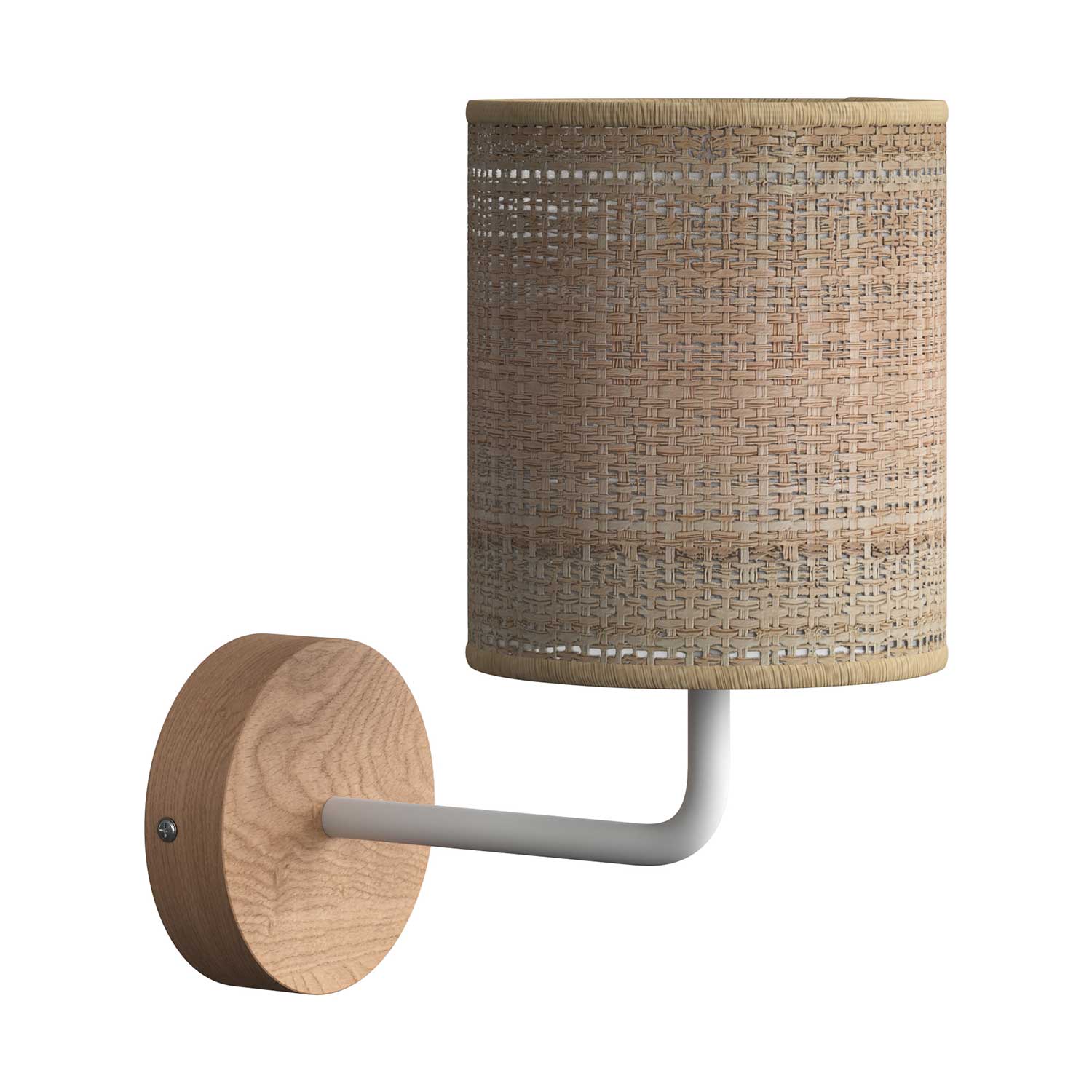 Fermaluce Wood, Wandleuchte aus Holz mit Zylinder-Lampenschirm und gebogenem Ausleger – Neutral