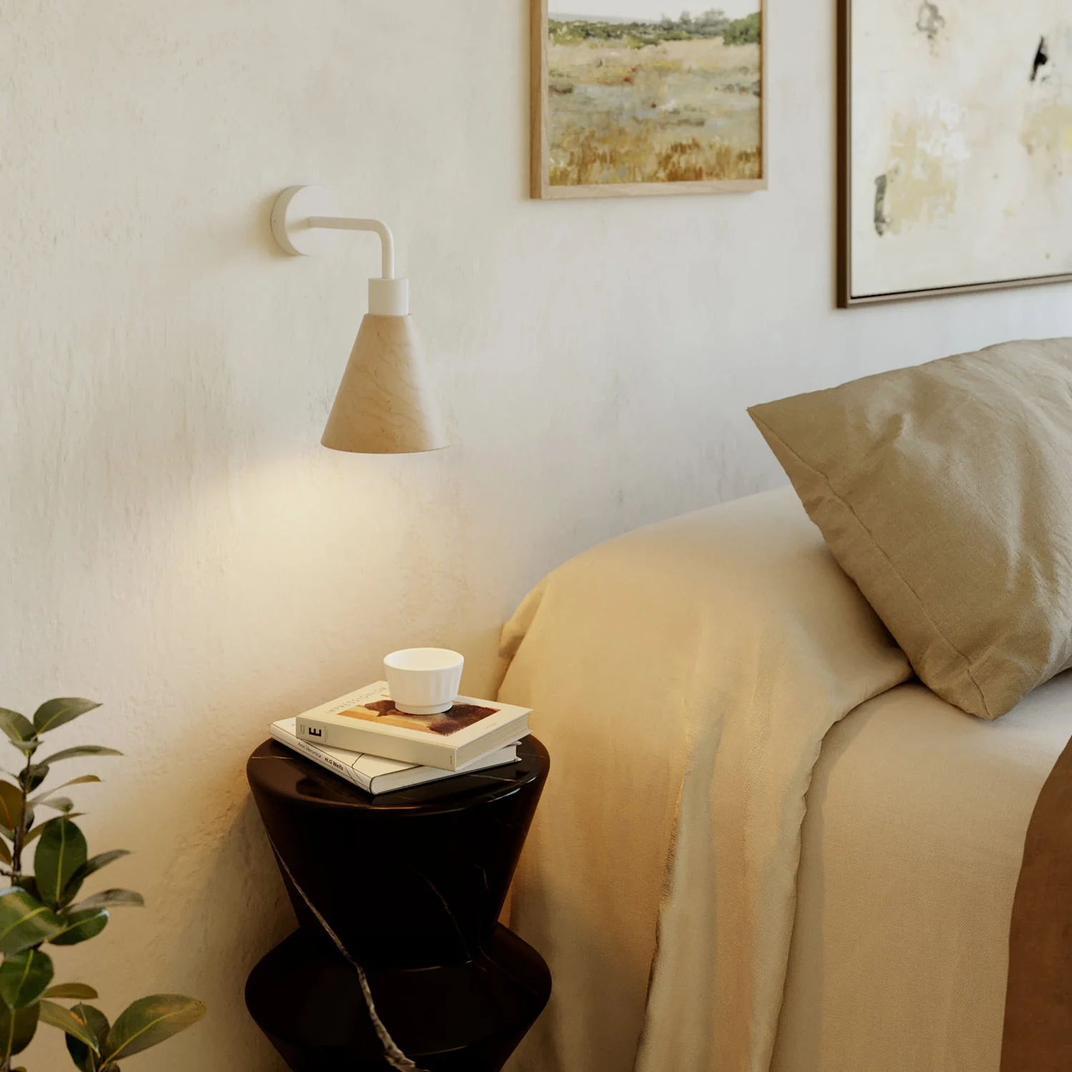 Fermaluce Lampe mit konischem Holzschirm und gebogenem Ausleger – Weiß matt - Image 2