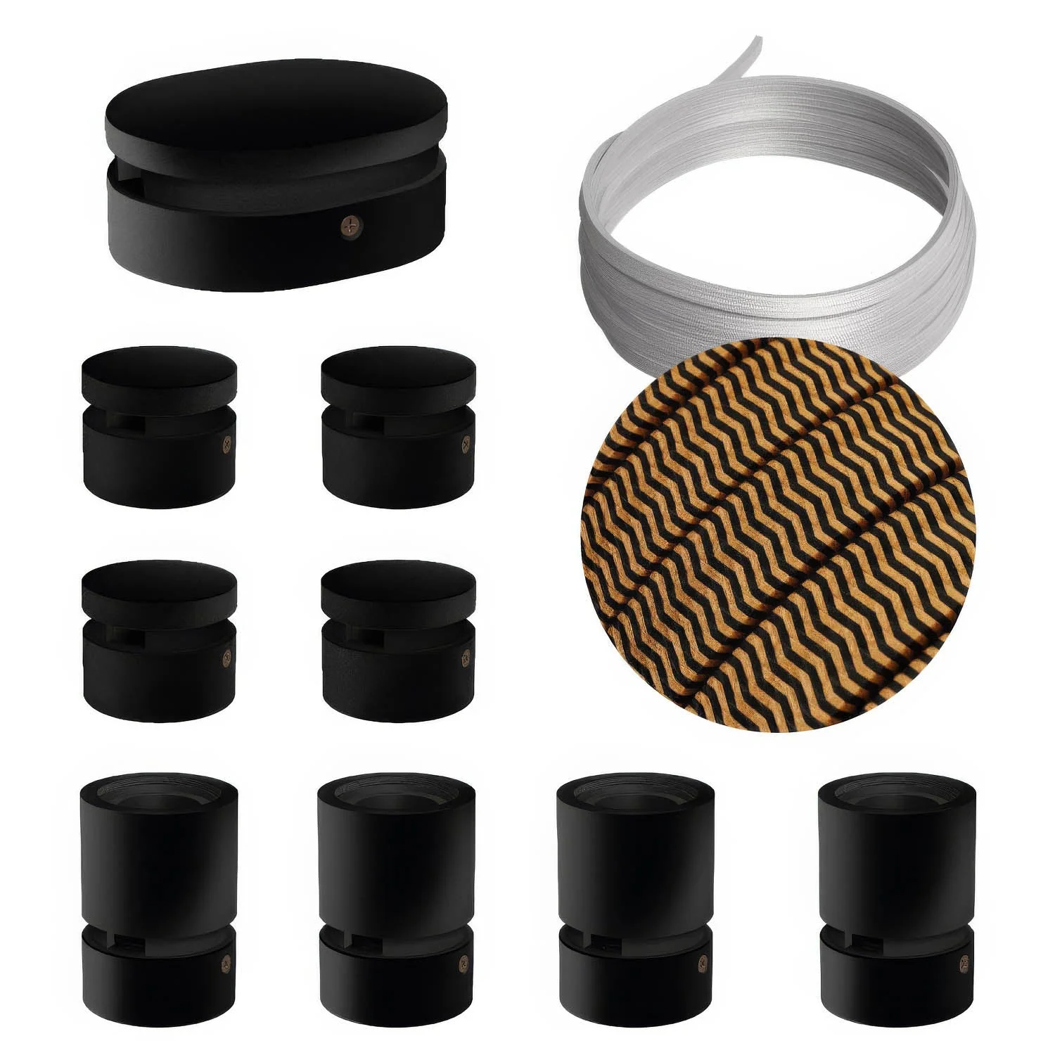 Sistema Filé Symmetric Kit – mit 5 m CZ22-Kabel für Kettenaufhängung und 9 Komponenten aus schwarz lackiertem Holz für den Innenbereich.