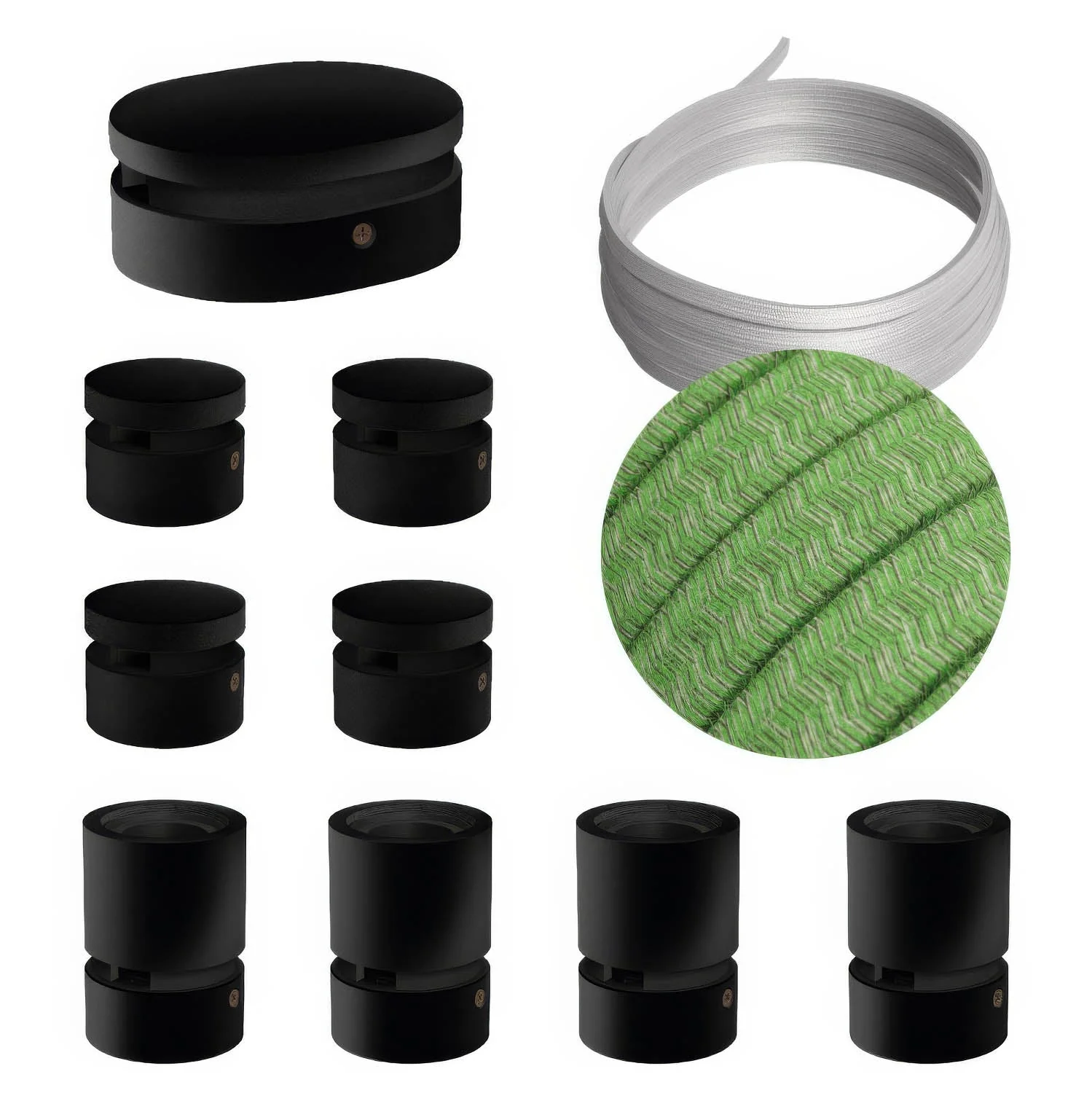 Filé Symmetric-System-Kit – mit 5 m CX08-Kabel für Lichterketten und 9 lackierten Holzelementen in Schwarz für den Innenbereich.