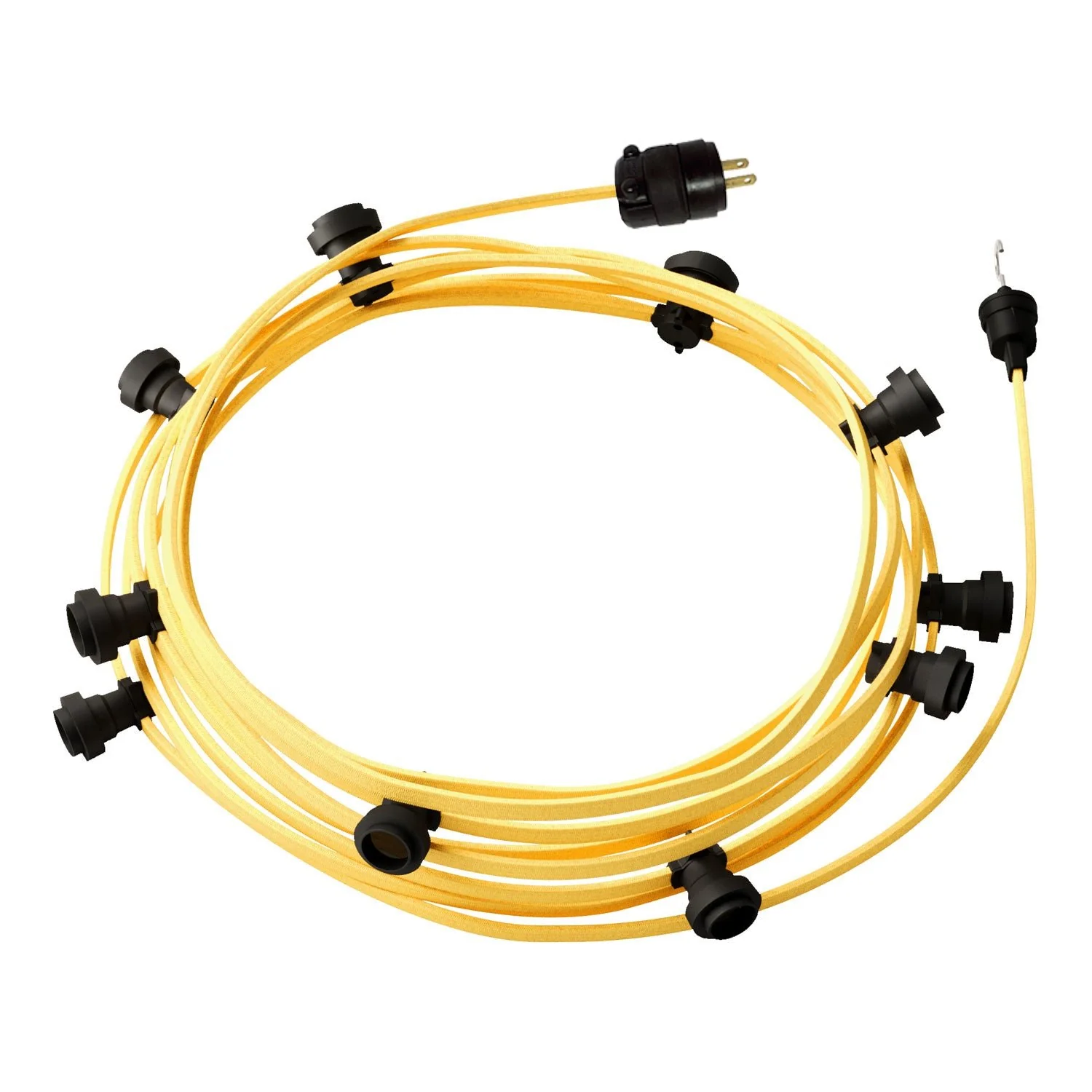 Gebrauchsfertige 12 m Lichterkette mit 5 schwarzen Fassungen, Haken und Stecker – CM10