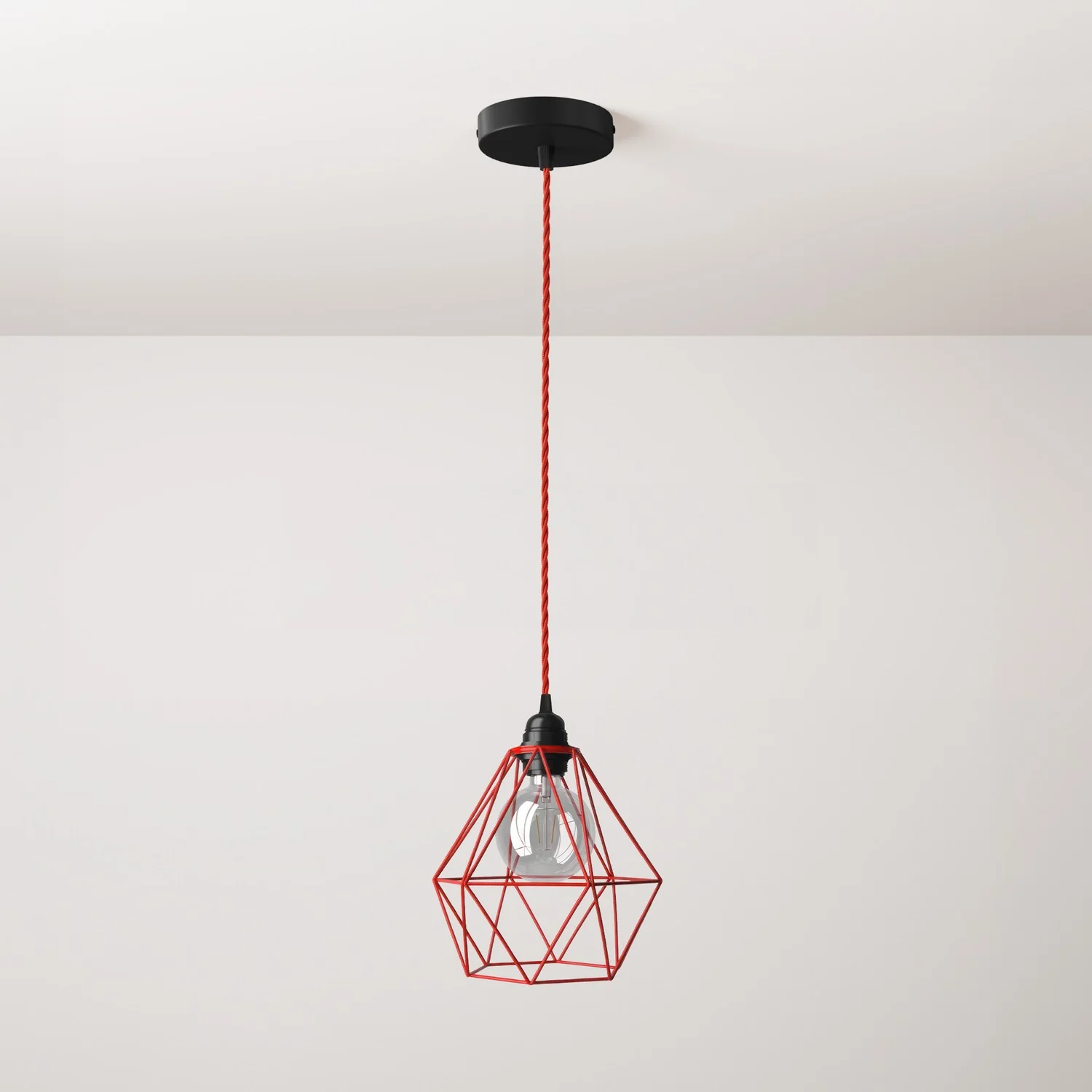 Pendelleuchte mit Textilkabel, Käfig-Schirm Diamond und Metall-Details – Rot