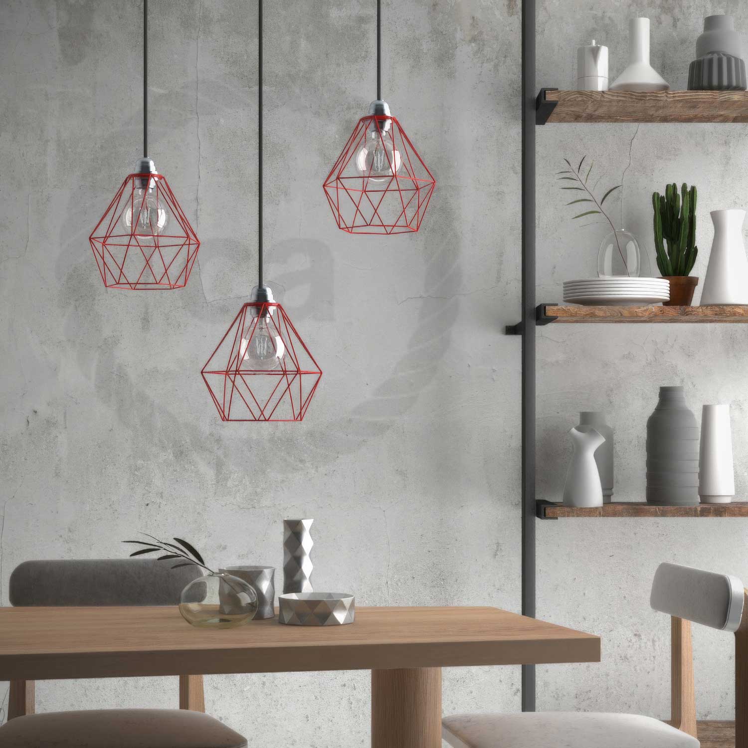 Pendelleuchte mit Textilkabel, Käfig-Schirm Diamond und Metall-Details – Rot - Image 3