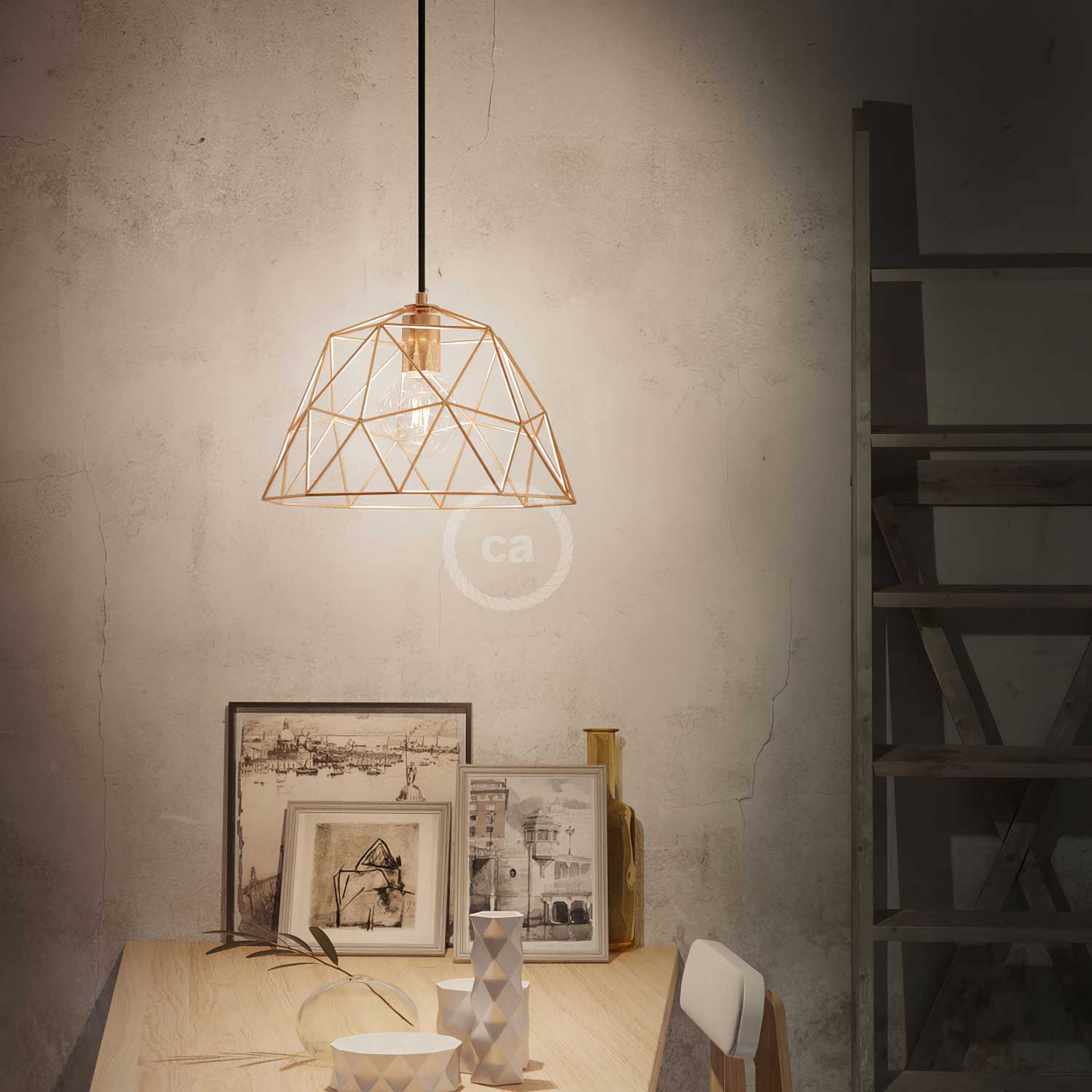 Pendelleuchte mit Textilkabel, Dome-Lampenschirm und Metall-Details – Kupfer - Image 2