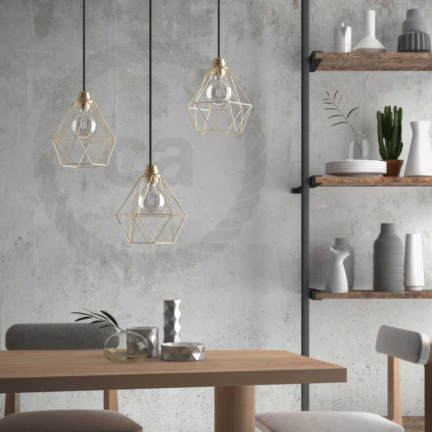 Pendelleuchte komplett mit Textilkabel, Käfighschirm Diamond und Metallfinish – Messing - Image 4