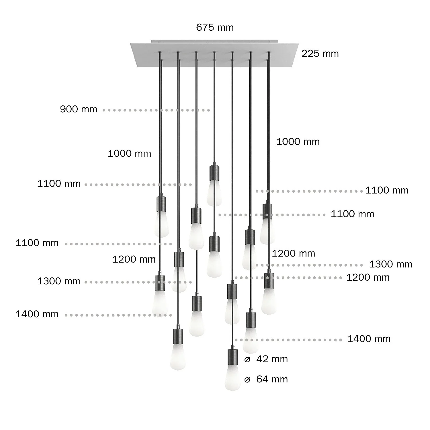 Pendelleuchte mit 14 Abhängungen mit XXL Rose-One rechteckig 675 mm und Metall-Oberflächen – satiniertes Stahl - Image 6