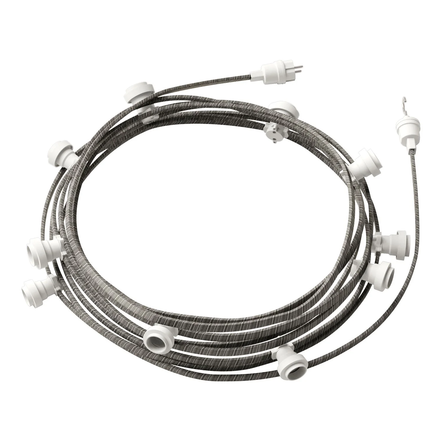 Lumet-Kettenlichtsystem 12,5 m mit Textilkabel ECC37, 10 Fassungen, Haken und weiße Stecker