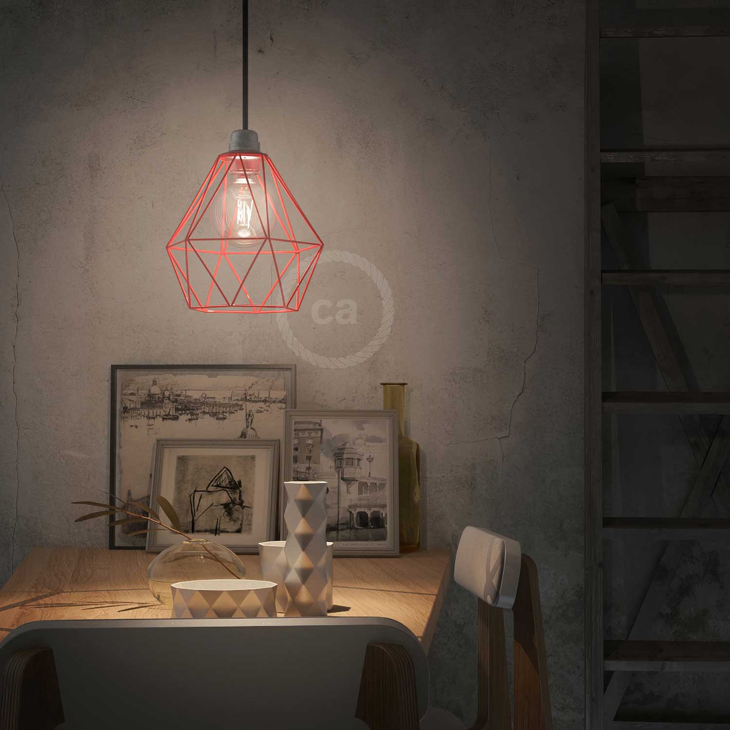Metallschirm-Käfig Diamond mit E27-Fassung – Rot - Image 2