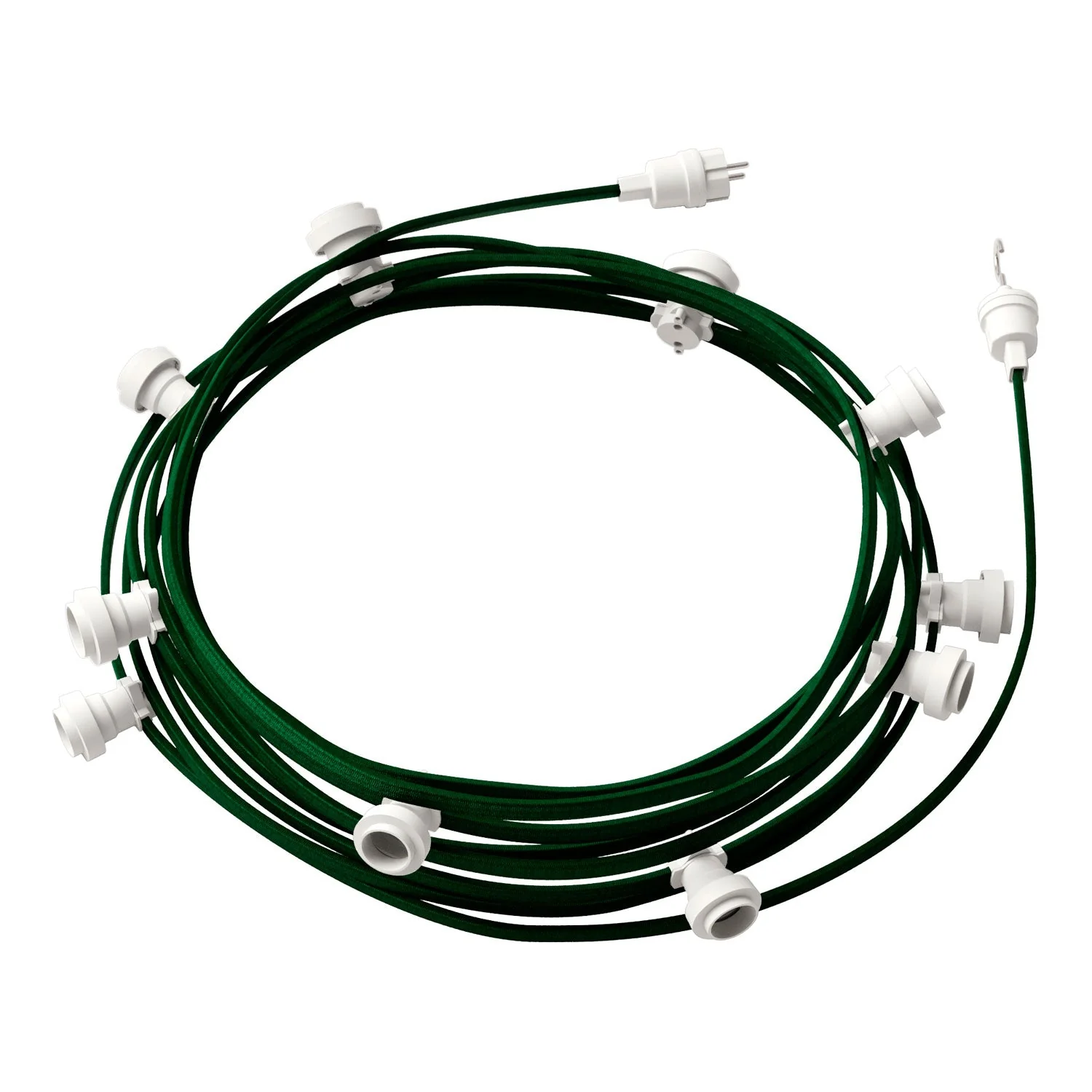Lumet-Lichterkettensystem, 12,5 m mit Textilkabel CM21, 10 Fassungen, weißer Haken und Stecker.