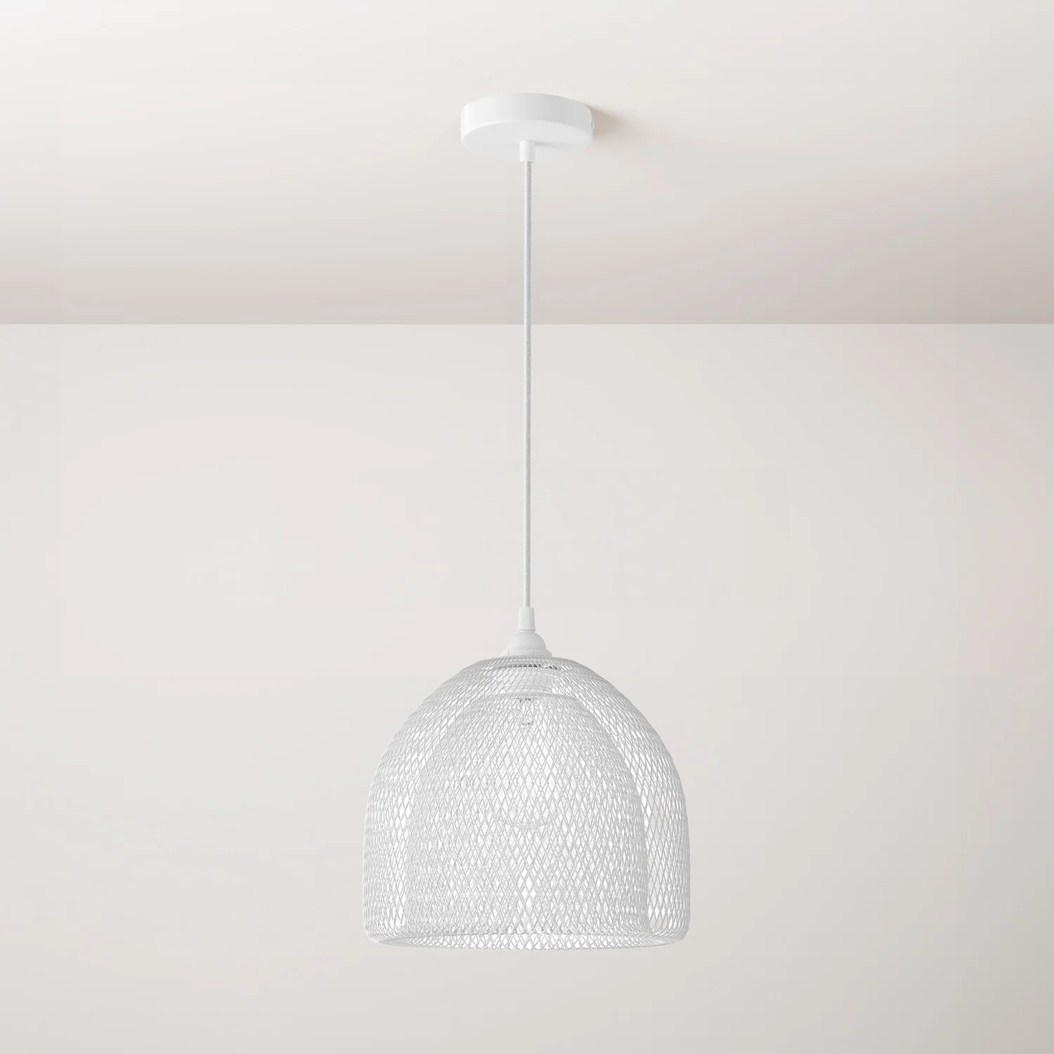 Pendelleuchte komplett mit Textilkabel, Ghostbell XL Gitter-Lampenschirm und Metalloberflächen – Weiß