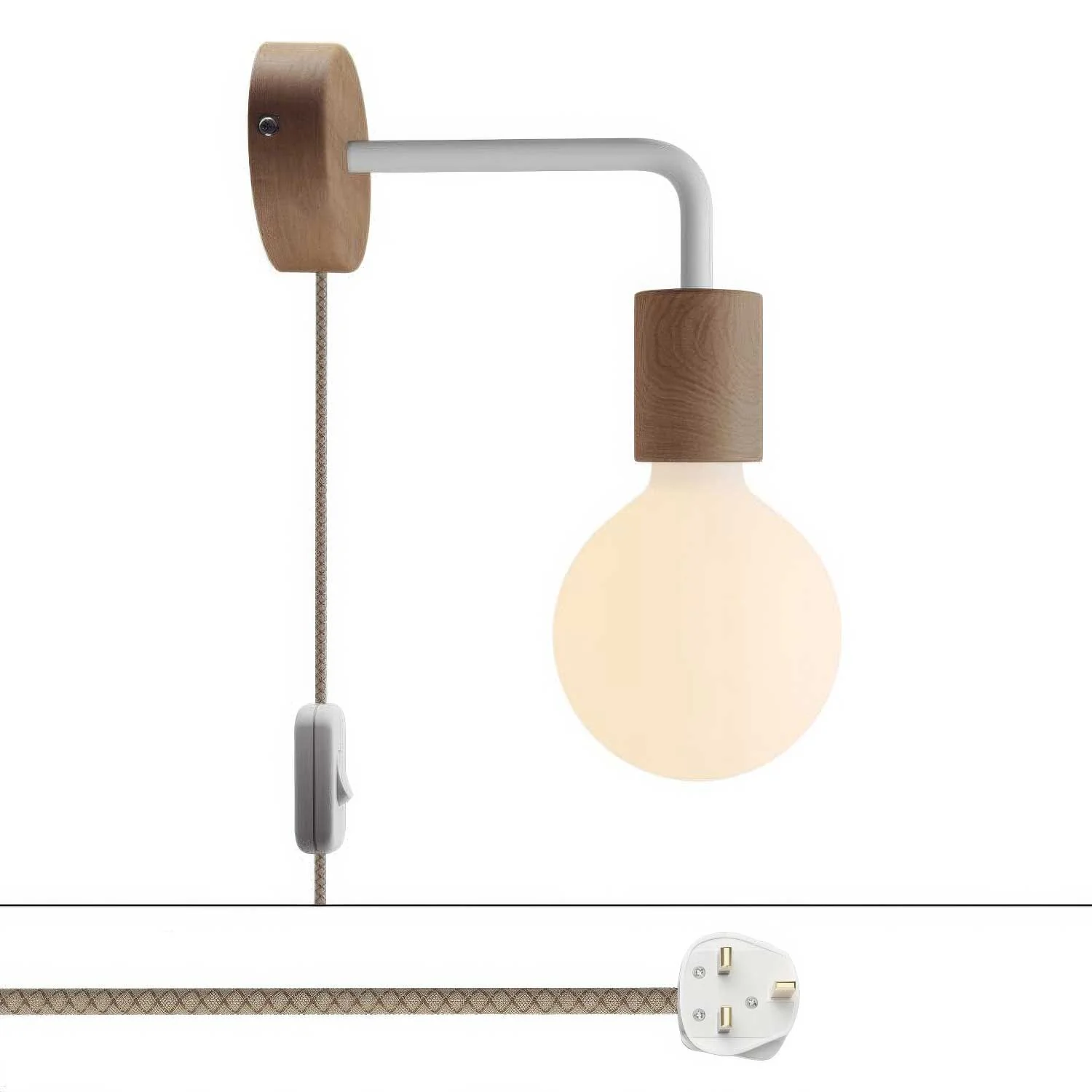 Spostaluce-Lampe aus Holz mit gebogenem Arm und UK-Stecker – Natur