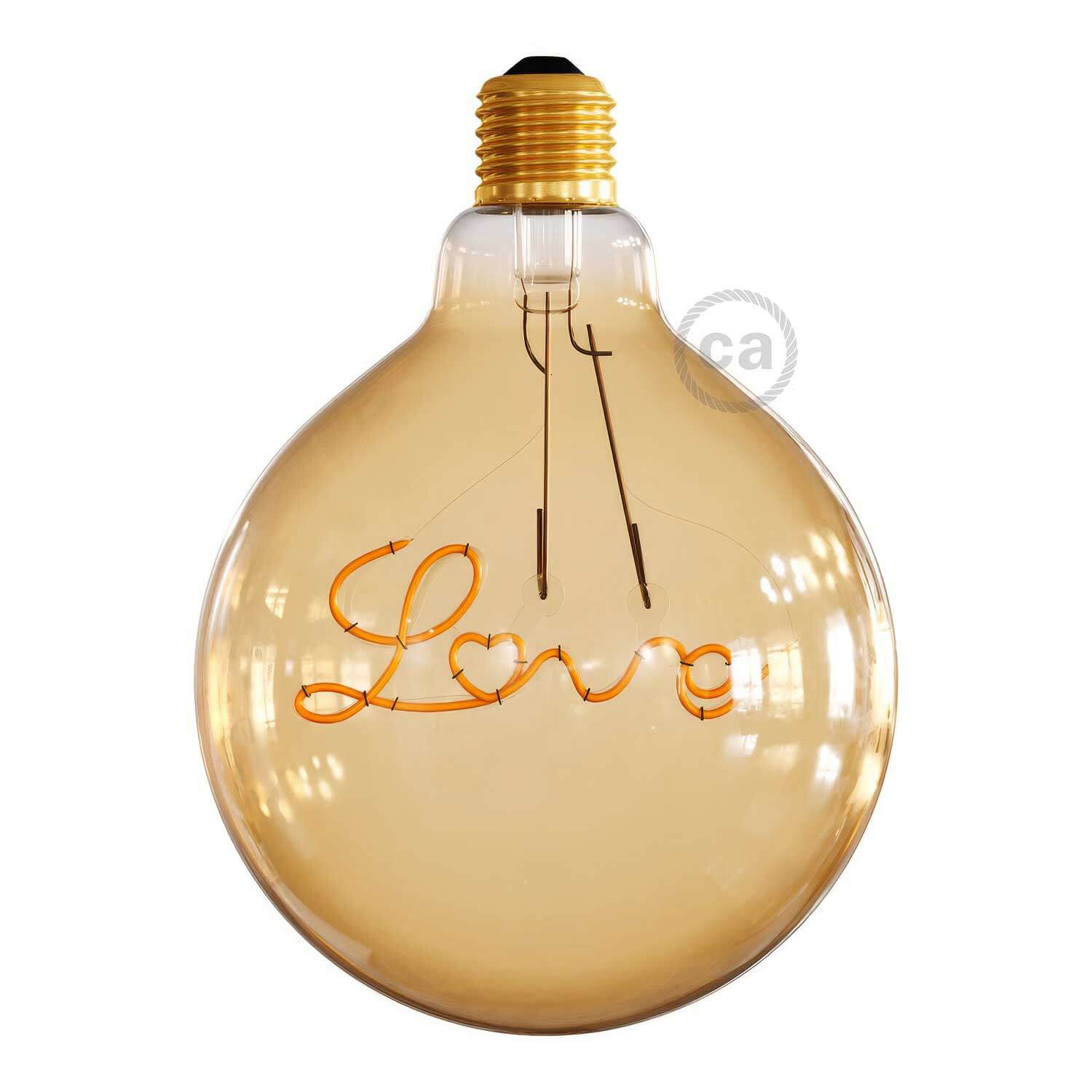 Goldene LED-Glühbirne für Hängeleuchte Globo G125 mit einzelnem „Love“-Filament, 4,5W 250Lm E27 1800K dimmbar
