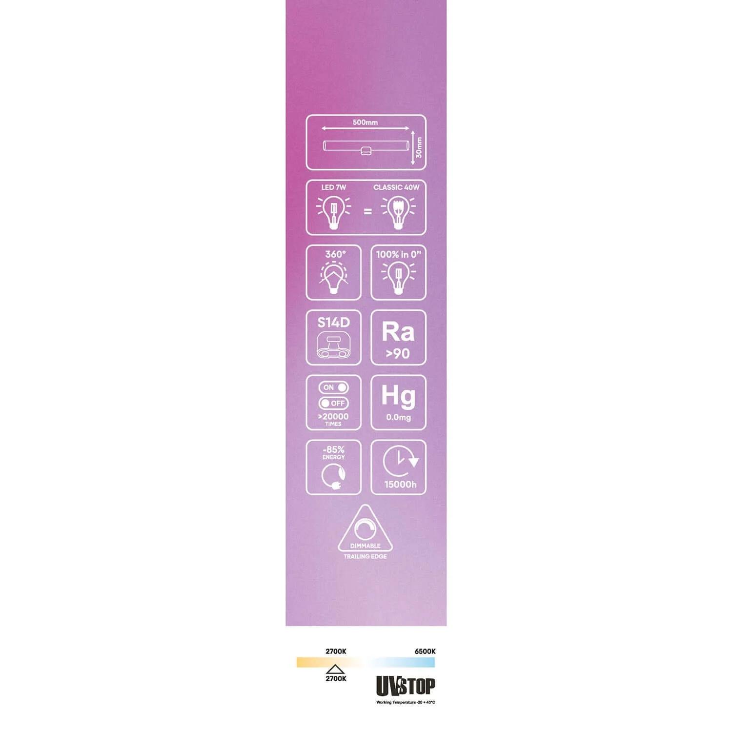 LED-Leuchtmittel mit Porzellaneffekt CRI 90 Linear S14d – Länge 500 mm 7W 560Lm 2700K Dimmbar – S12 - Image 6
