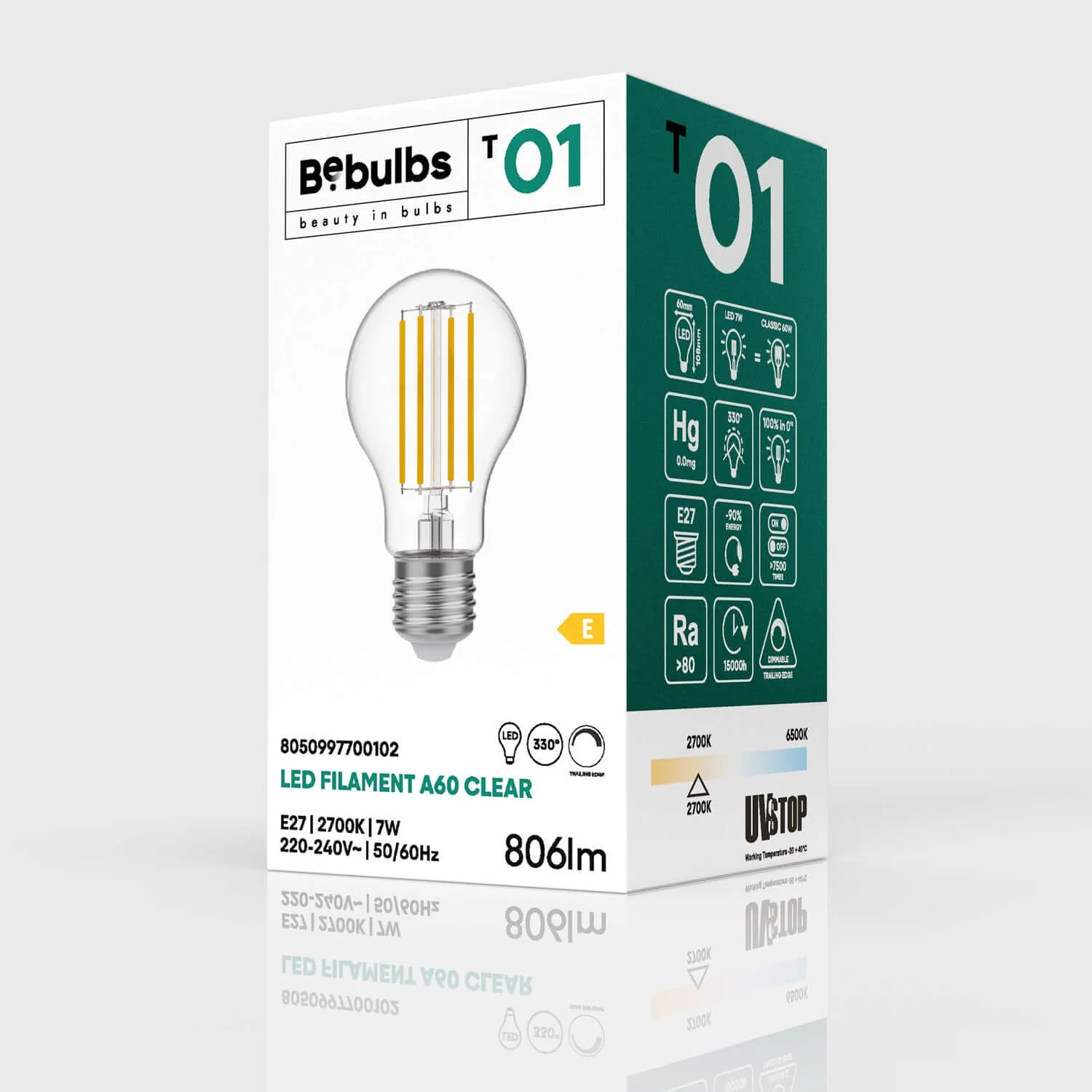 LED-Leuchtmittel Transparent Tropfen A60 7W 806Lm E27 2700K dimmbar – T01 - Image 4