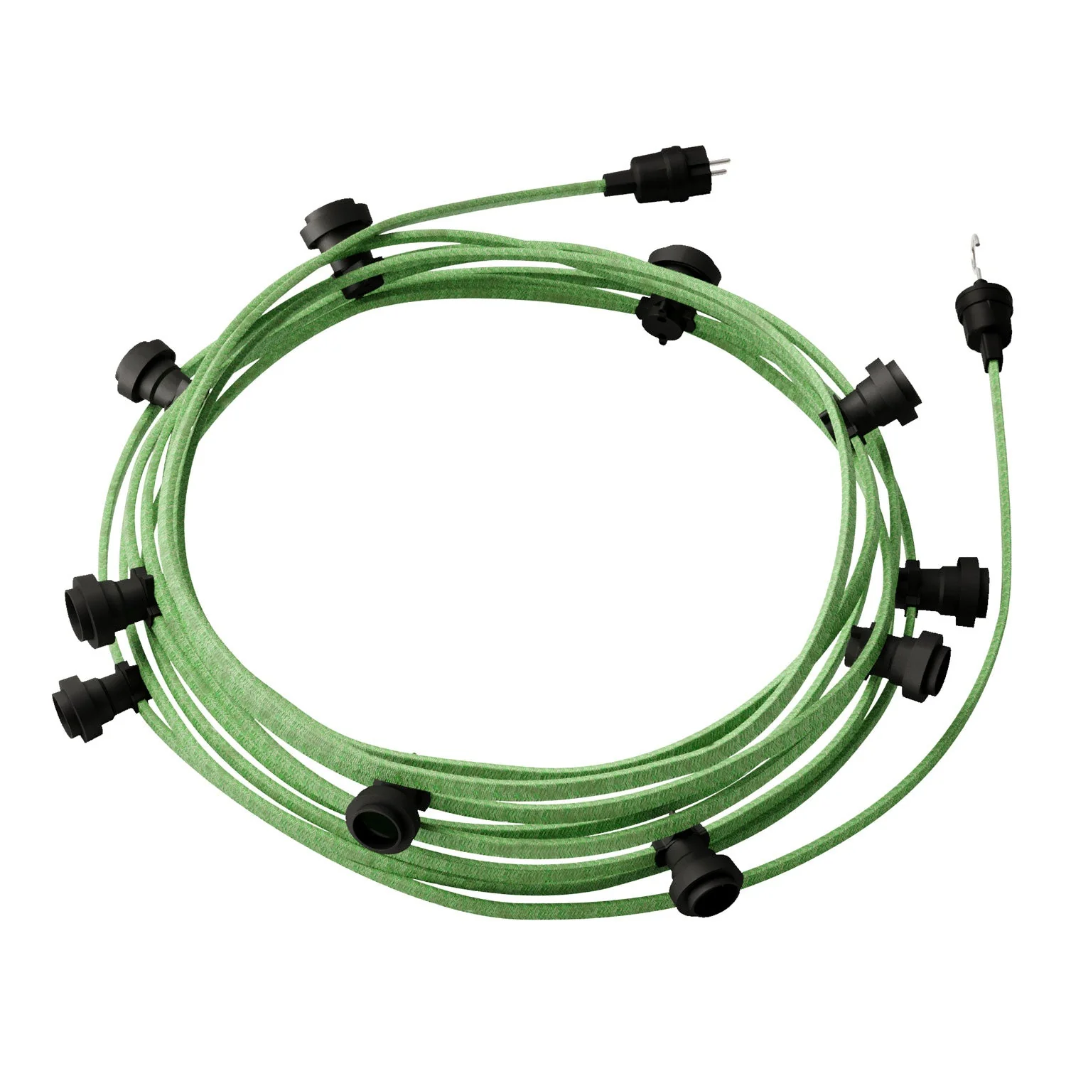 Kabelsystem Lumet 12,5 m mit Textilkabel CX08, 10 Fassungen, Haken und Stecker schwarz