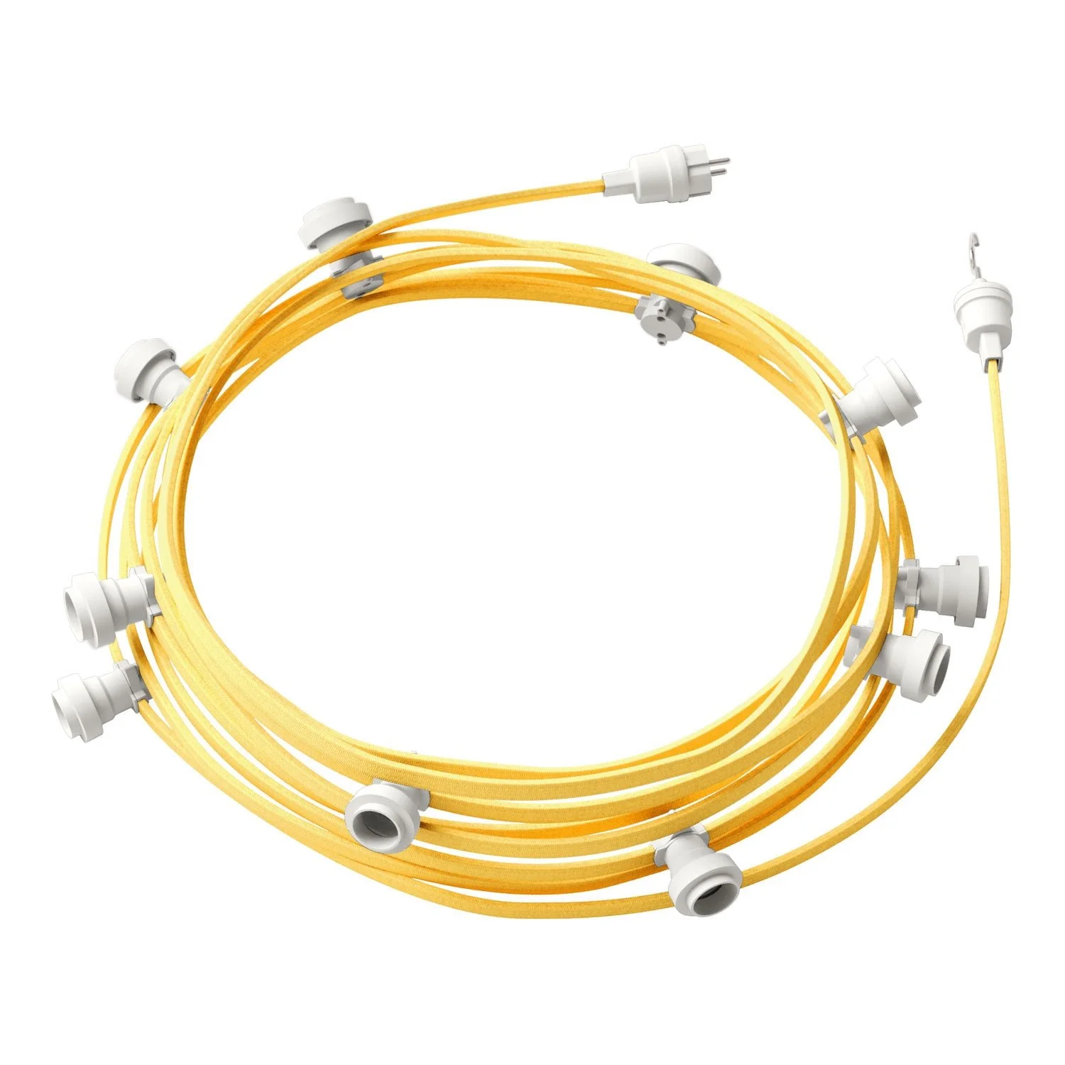 Lumet-Lichterkettensystem 12,5 m mit Stoffkabel CM10, 10 Fassungen, weißem Haken und Stecker