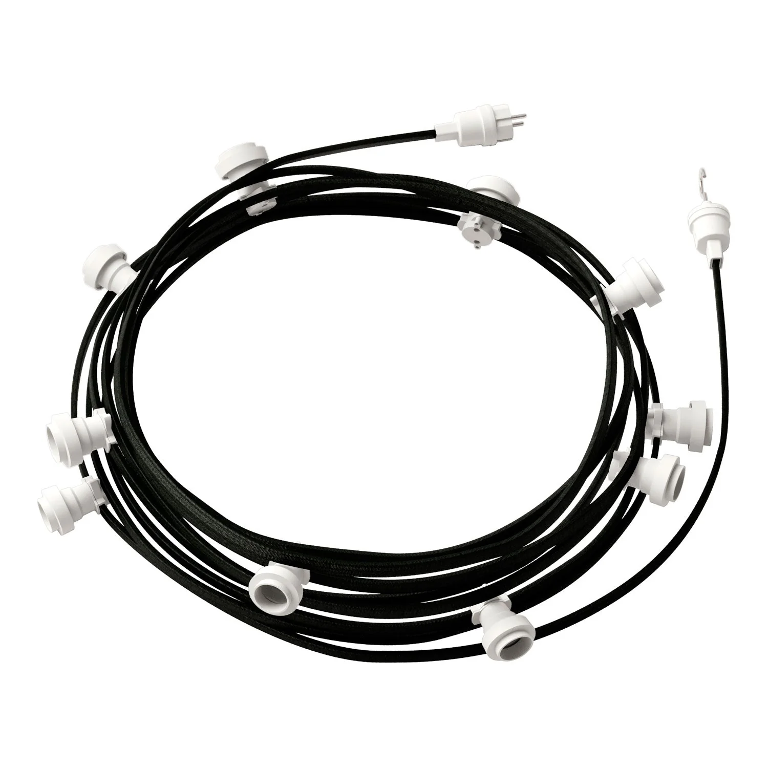 Lumet-Lichterkettensystem 12,5 m mit Textilkabel CM04, 10 Fassungen, weißem Haken und Stecker