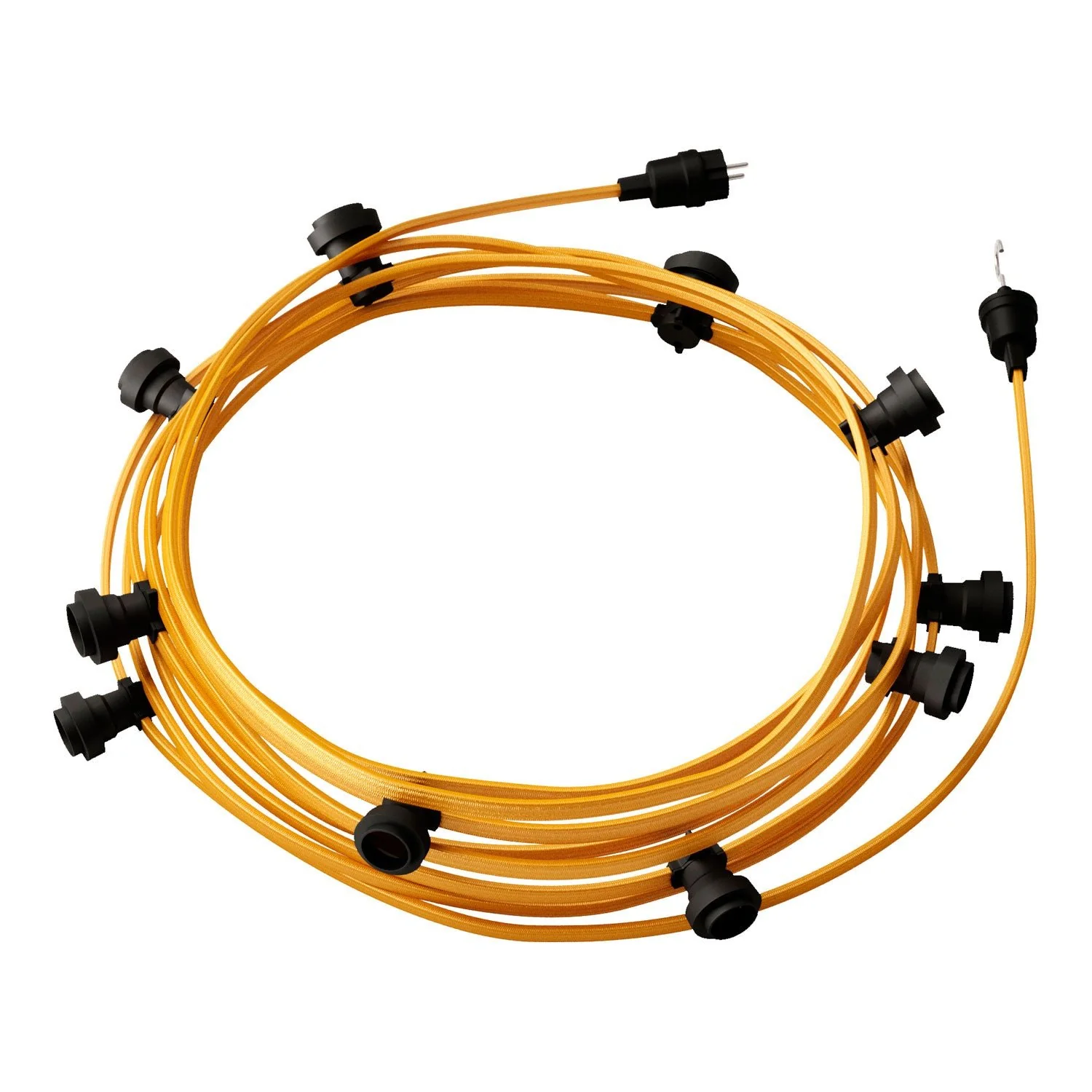 Lichterkette System Lumet 12,5 m mit Textilkabel CM05, 10 Fassungen, Haken und schwarzen Steckern