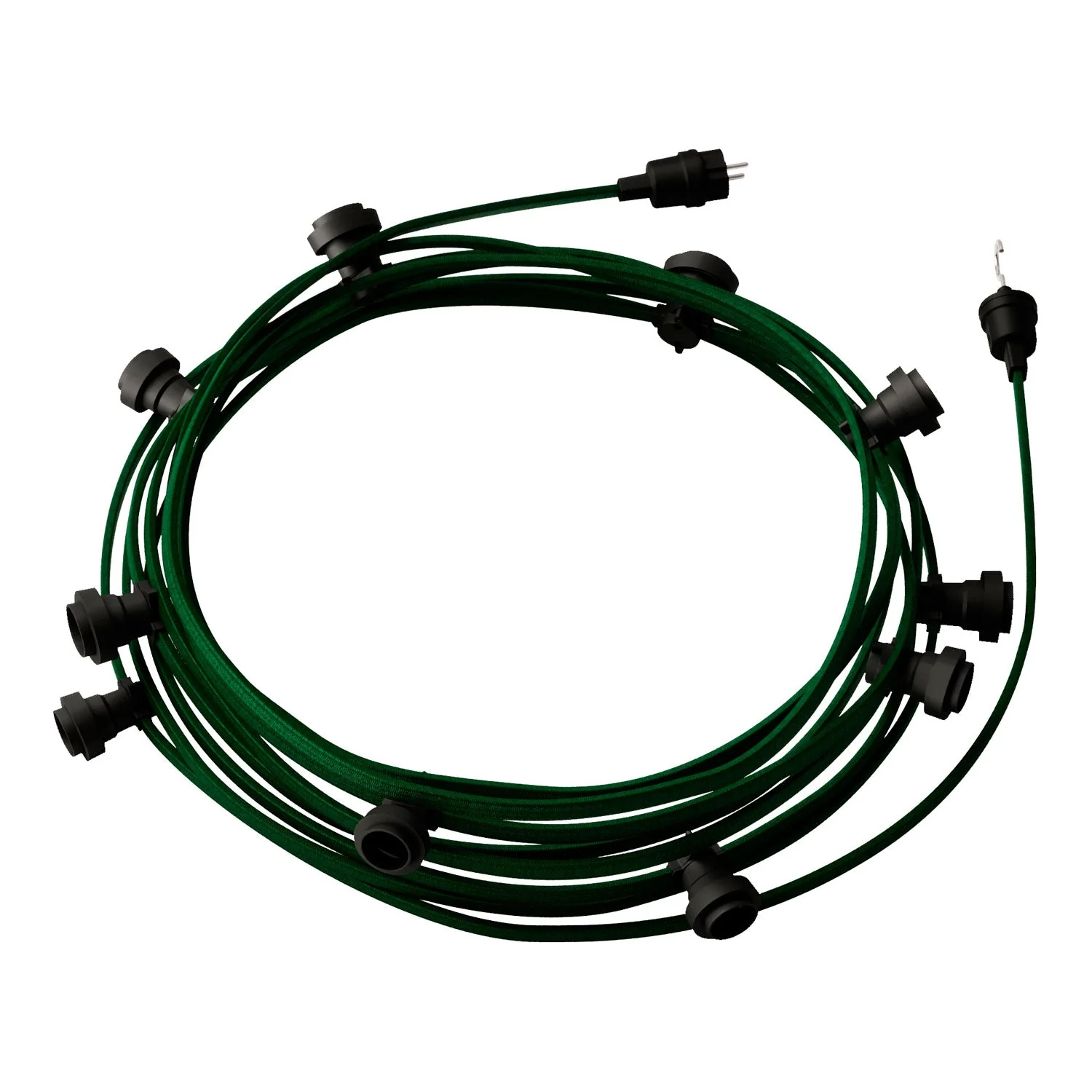 Kettenlichtsystem Lumet, 12,5 m mit Textilkabel CM21, 10 Lampenfassungen, schwarzer Haken und Stecker