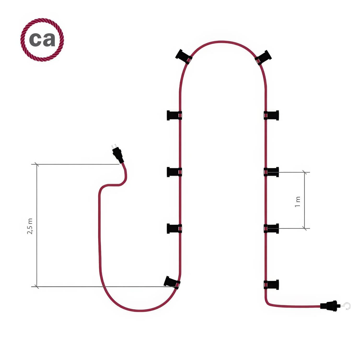 Kettenlichtsystem Lumet 12,5 m mit Stoffkabel CM04, 10 Lampenfassungen, Haken und schwarze Stecker - Image 4
