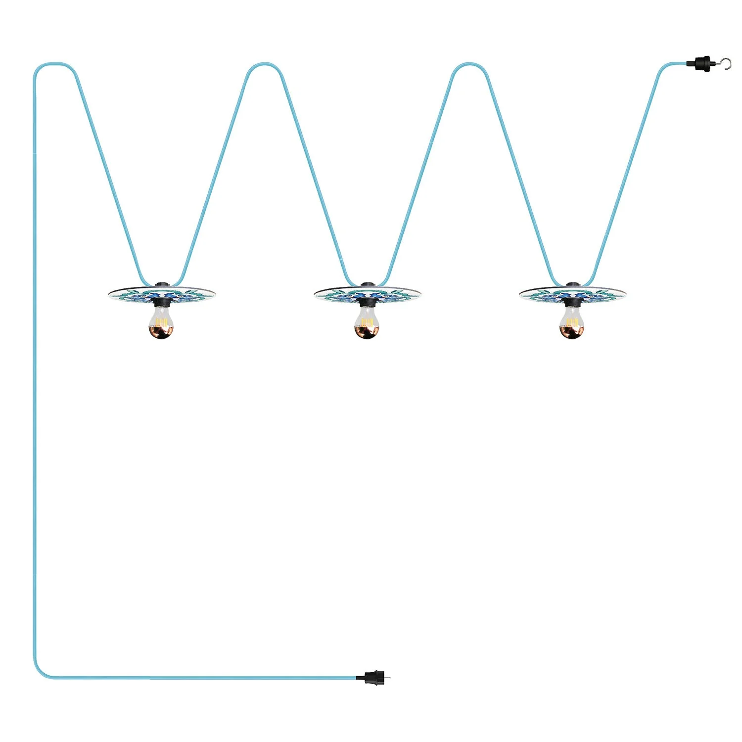 Lichterkette System Lumet 'Maioliche' 10 m mit Textilkabel, 3 Fassungen und blauen Schirmen, Haken und schwarzer Stecker