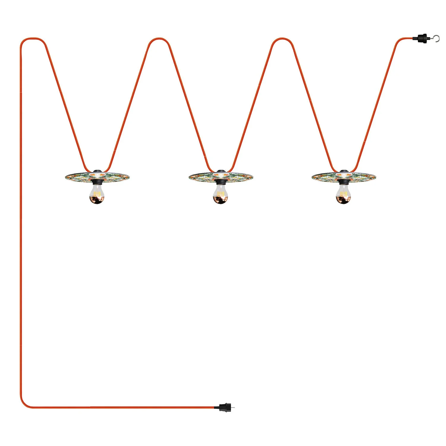 Lichterkette System Lumet 'Maioliche' 10 m mit Textilkabel, 3 Lampenfassungen und roten und grünen Lampenschirmen, Haken und schwarzer Stecker