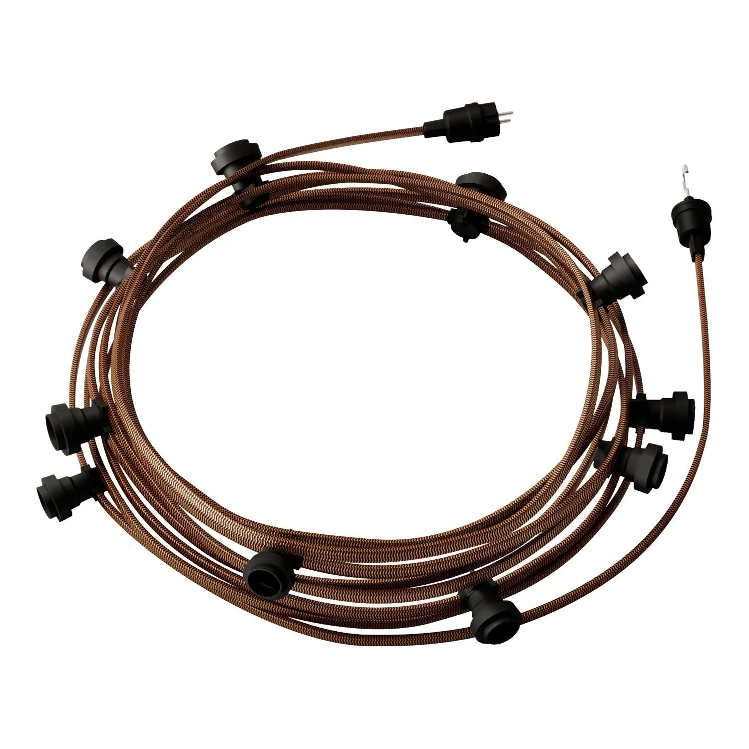 Lumet-Lichterkettensystem, 12,5 m mit CZ22-Textilkabel, 10 Lampenfassungen, Haken und Stecker – Schwarz