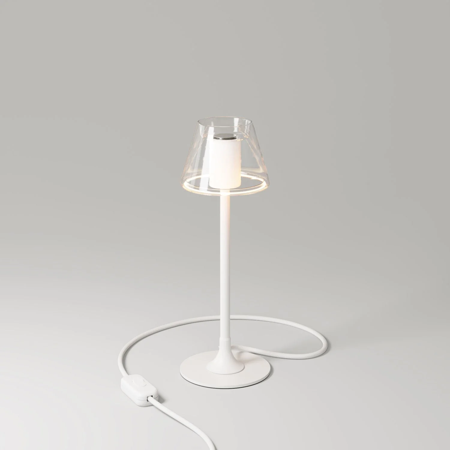 MAG-Y Tischlampe mit rundem Metallfuß und transparenter Ghost Mini Cone Glühbirne – Mattweiß