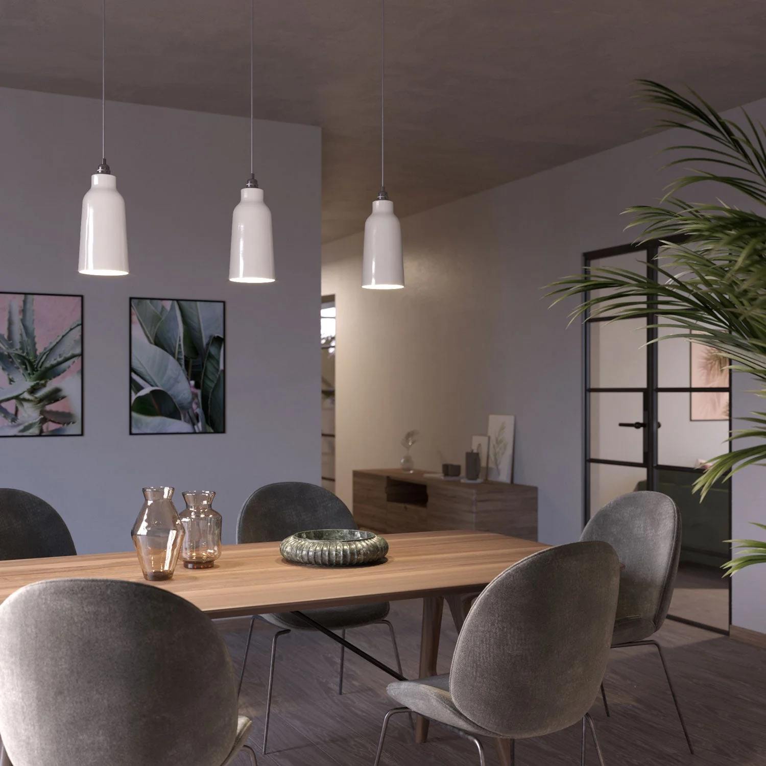 Pendelleuchte mit Textilkabel, Flaschenschirm aus Keramik und Metallic-Finishes – Hochglanz Weiß - Image 2