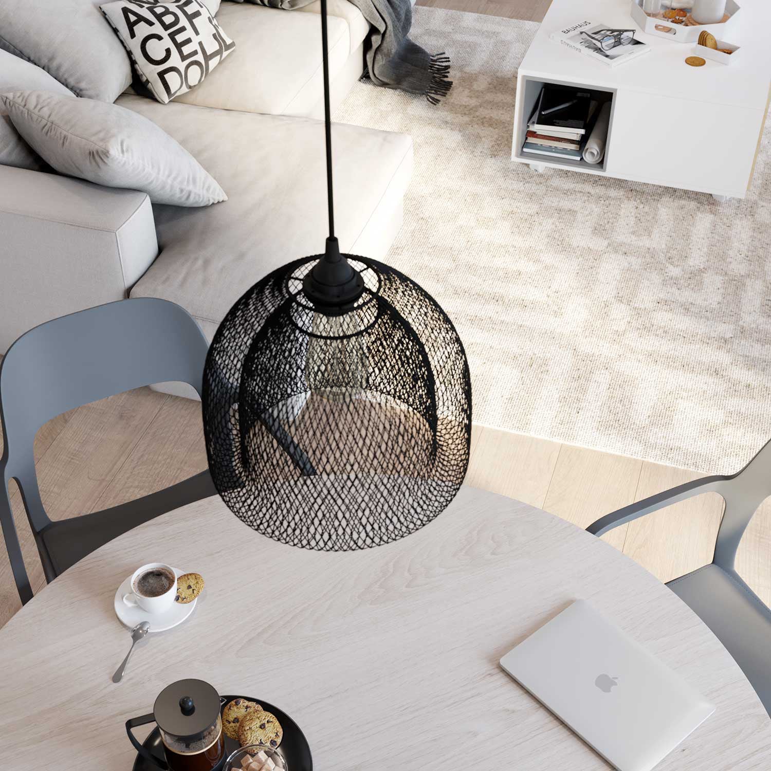 Pendelleuchte komplett mit Textilkabel, Ghostbell XL-Käfigschirm und Metallakzenten – Schwarz - Image 2