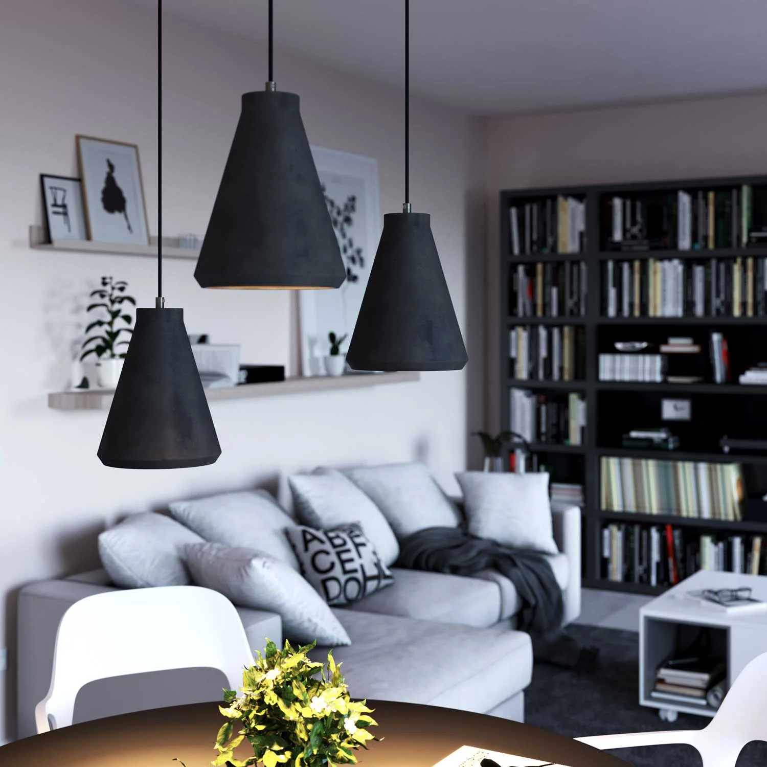 Pendelleuchte mit Stoffkabel, Trichter-Lampenschirm aus Beton und Metallfinish – Dunkelgrauer Beton - Image 3