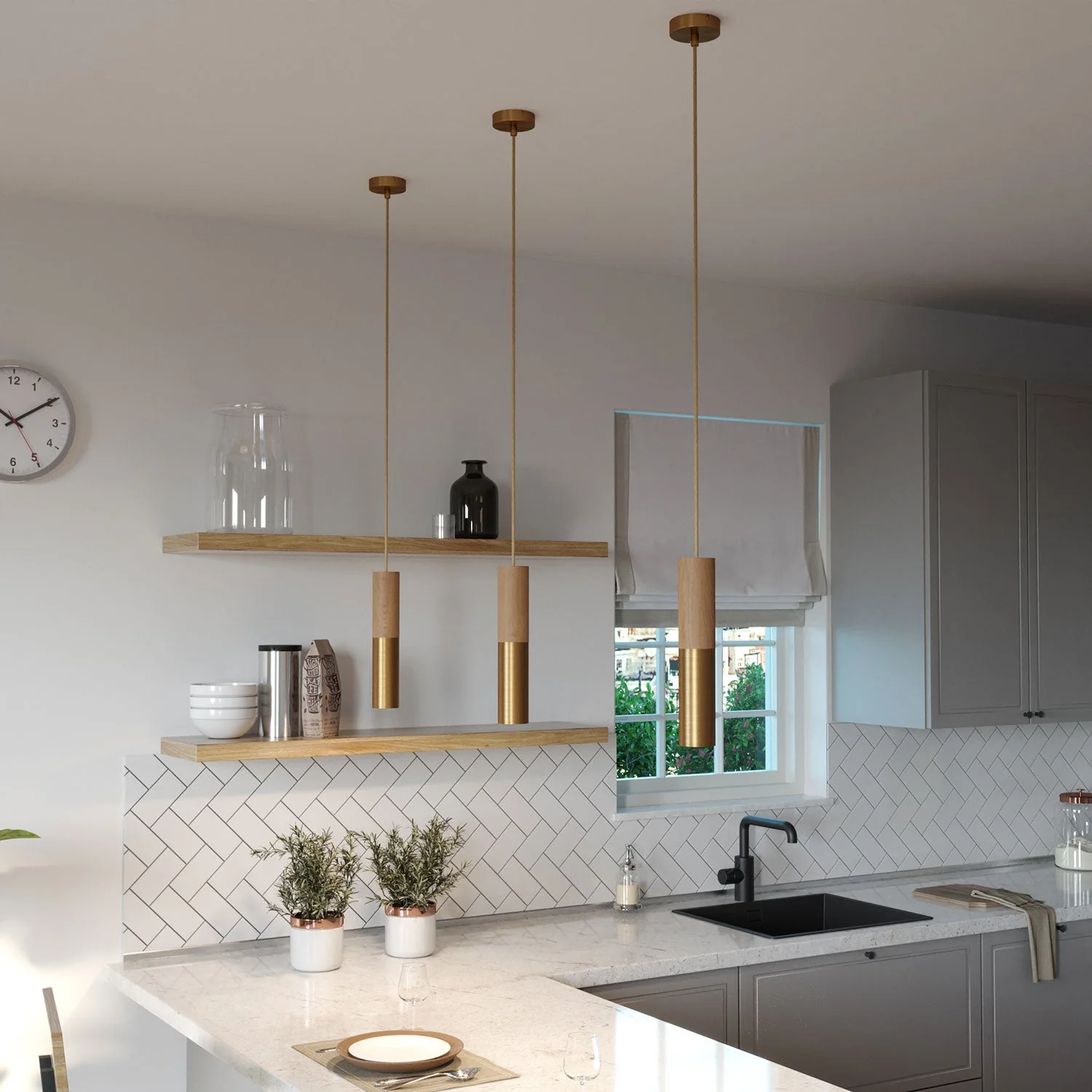 Pendelleuchte komplett mit Textilkabel und doppeltem Tub-E14 Lampenschirm aus Holz und Metall – Satiniertes Bronze - Image 3