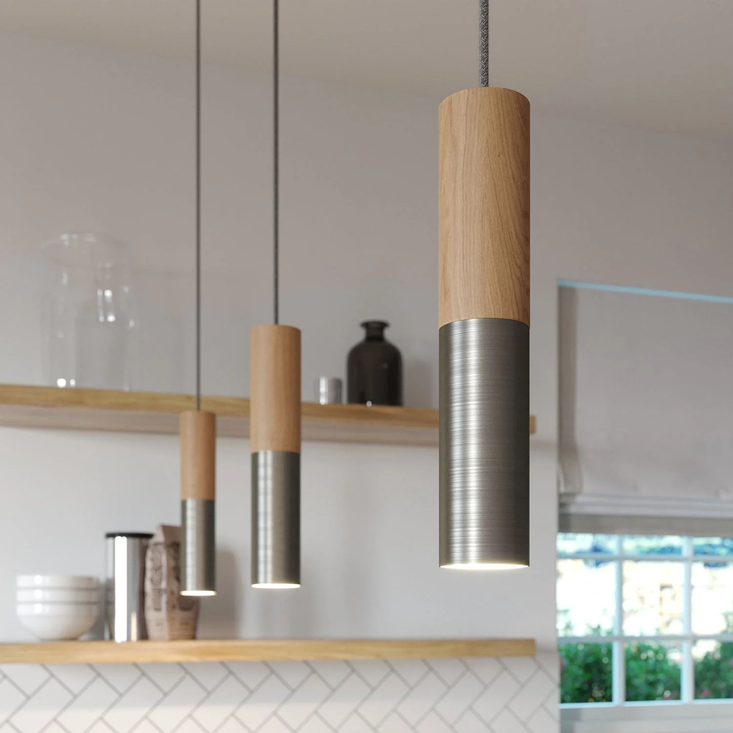 Pendelleuchte komplett mit Textilkabel und Doppelschirm Tub-E14 aus Holz und Metall – Satiniert Titan - Image 4