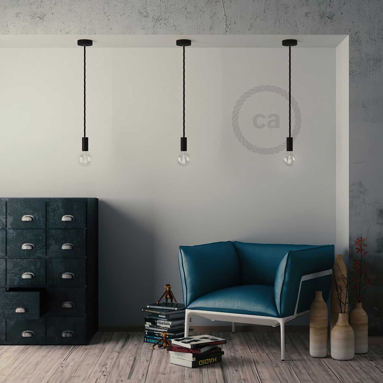 Pendelleuchte komplett mit XL-Tau 16 mm mit lackierten Holzdetails – Schwarz - Image 3
