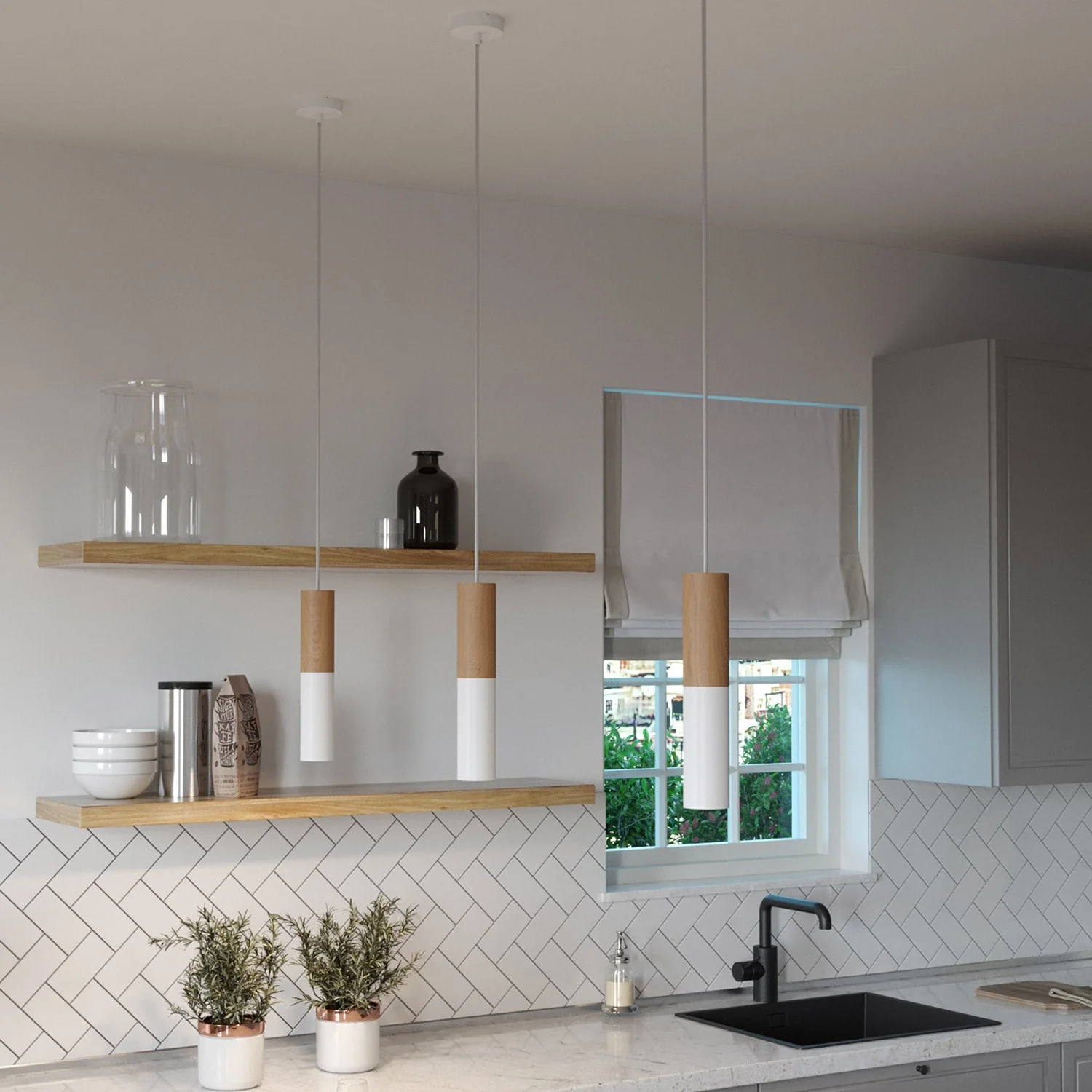 Pendelleuchte Made in Italy mit Textilkabel und doppeltem Tub-E14-Lampenschirm aus Holz und Metall – Mattweiß - Image 2