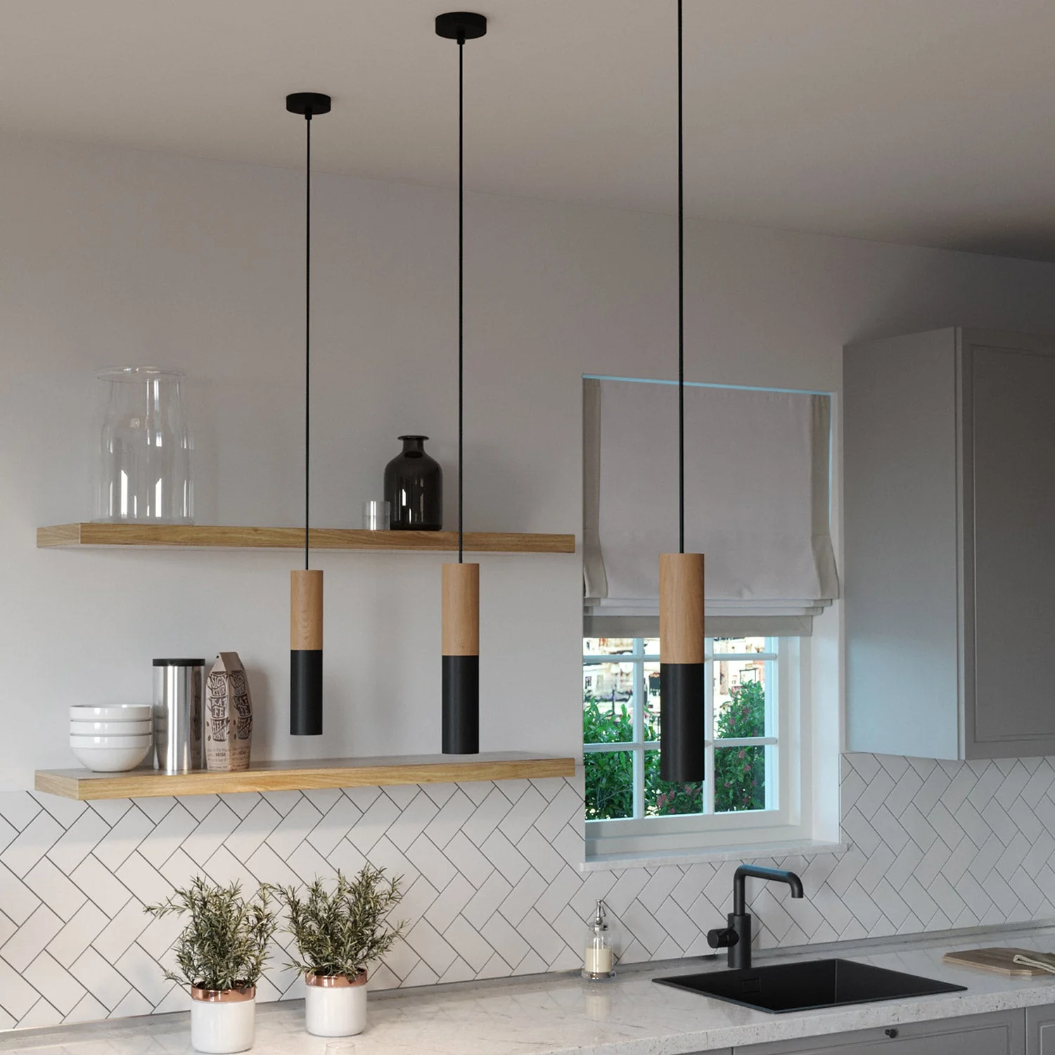 Pendelleuchte Made in Italy komplett mit Textilkabel und doppeltem Tub-E14-Lampenschirm aus Holz und Metall – Schwarz - Image 2