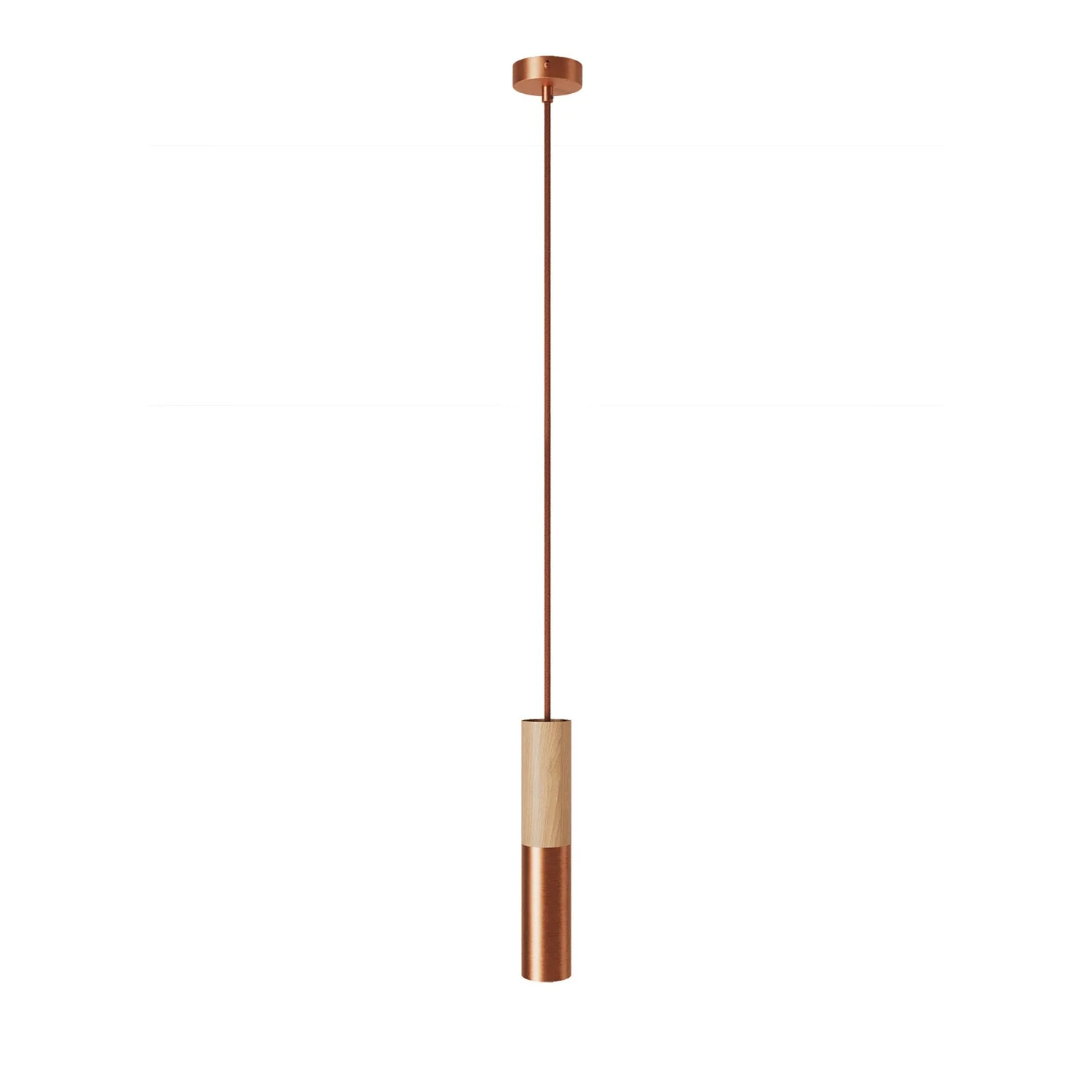 Pendelleuchte Made in Italy mit Textilkabel und doppeltem Tub-E14 Schirm aus Holz und Metall – Satin-Kupfer