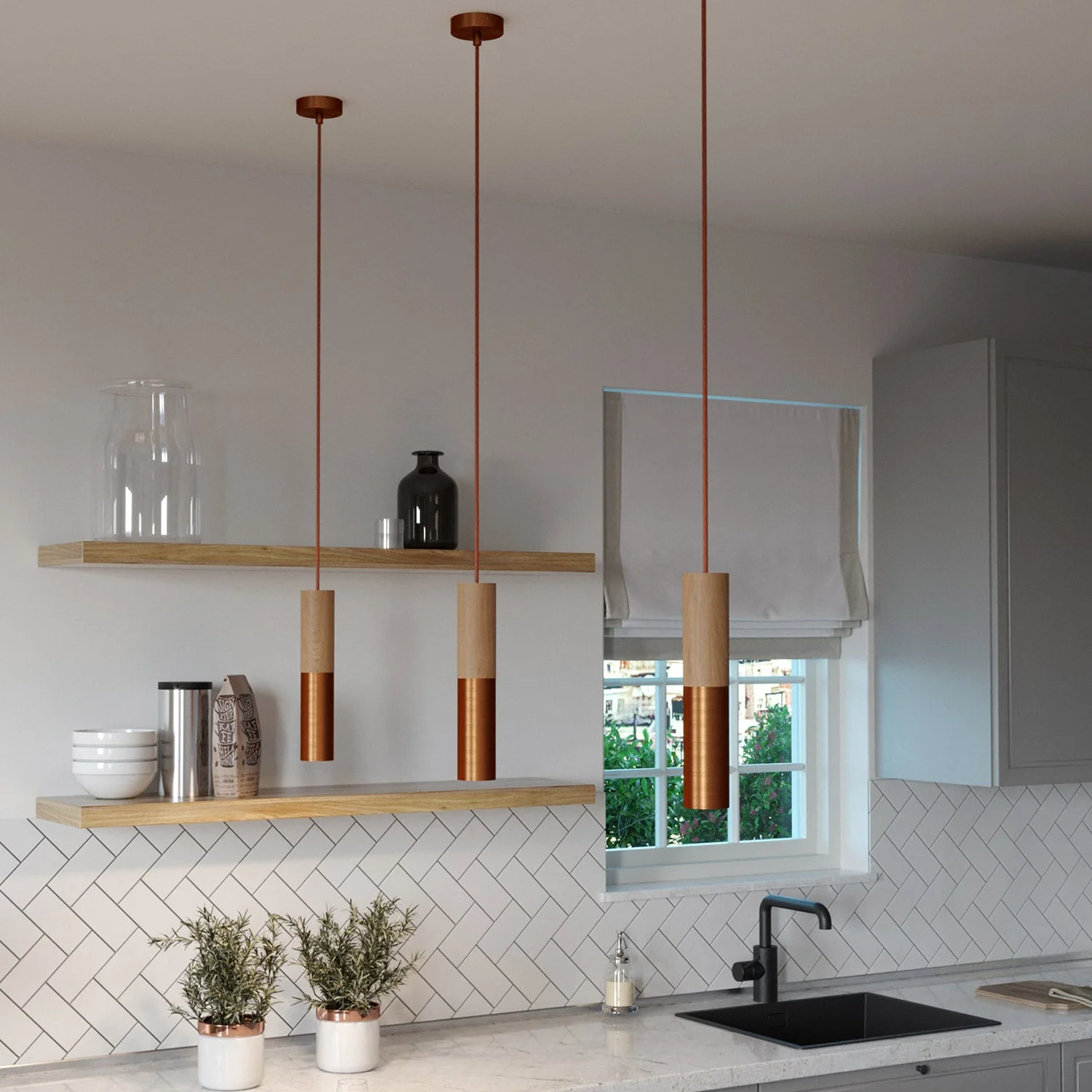 Pendelleuchte Made in Italy mit Textilkabel und doppeltem Tub-E14 Schirm aus Holz und Metall – Satin-Kupfer - Image 2