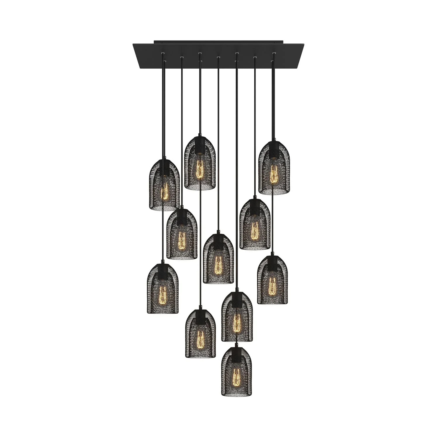 Pendelleuchte mit 11 Pendeln und XXL Rose-One Baldachin rechteckig 675 mm mit Ghostbell Metall-Lampenschirm – Mattschwarz