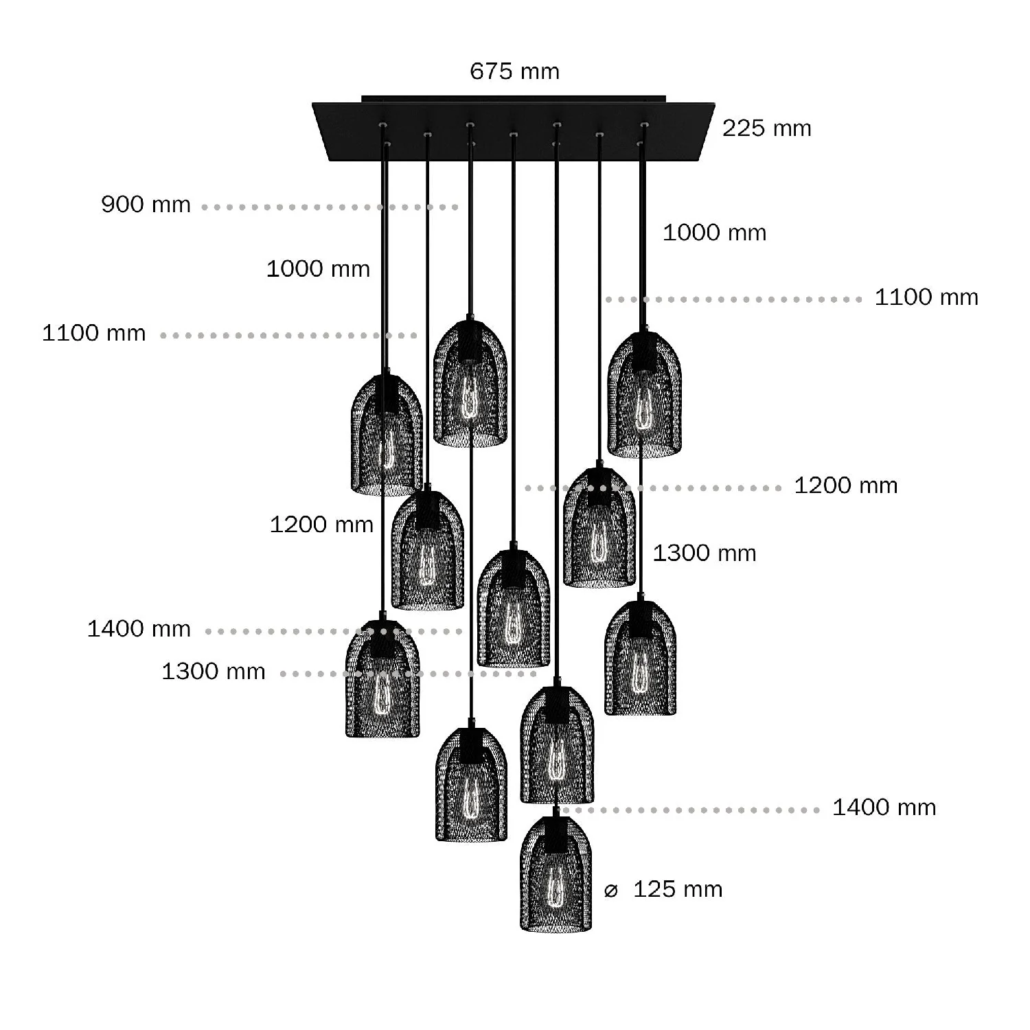 Pendelleuchte mit 11 Pendeln und XXL Rose-One Baldachin rechteckig 675 mm mit Ghostbell Metall-Lampenschirm – Mattschwarz - Image 6