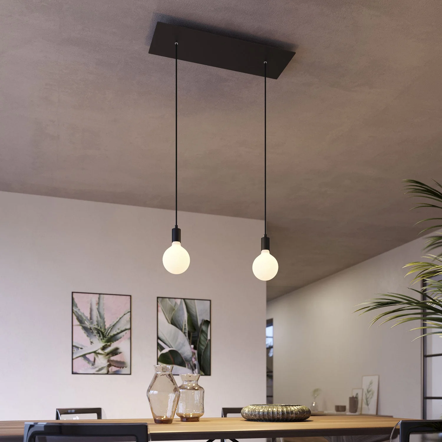 Pendelleuchte mit 2 Abhängungen und XXL Rose-One Rechteckig 675 mm mit Metallfinishes – Matt-Schwarz - Image 2