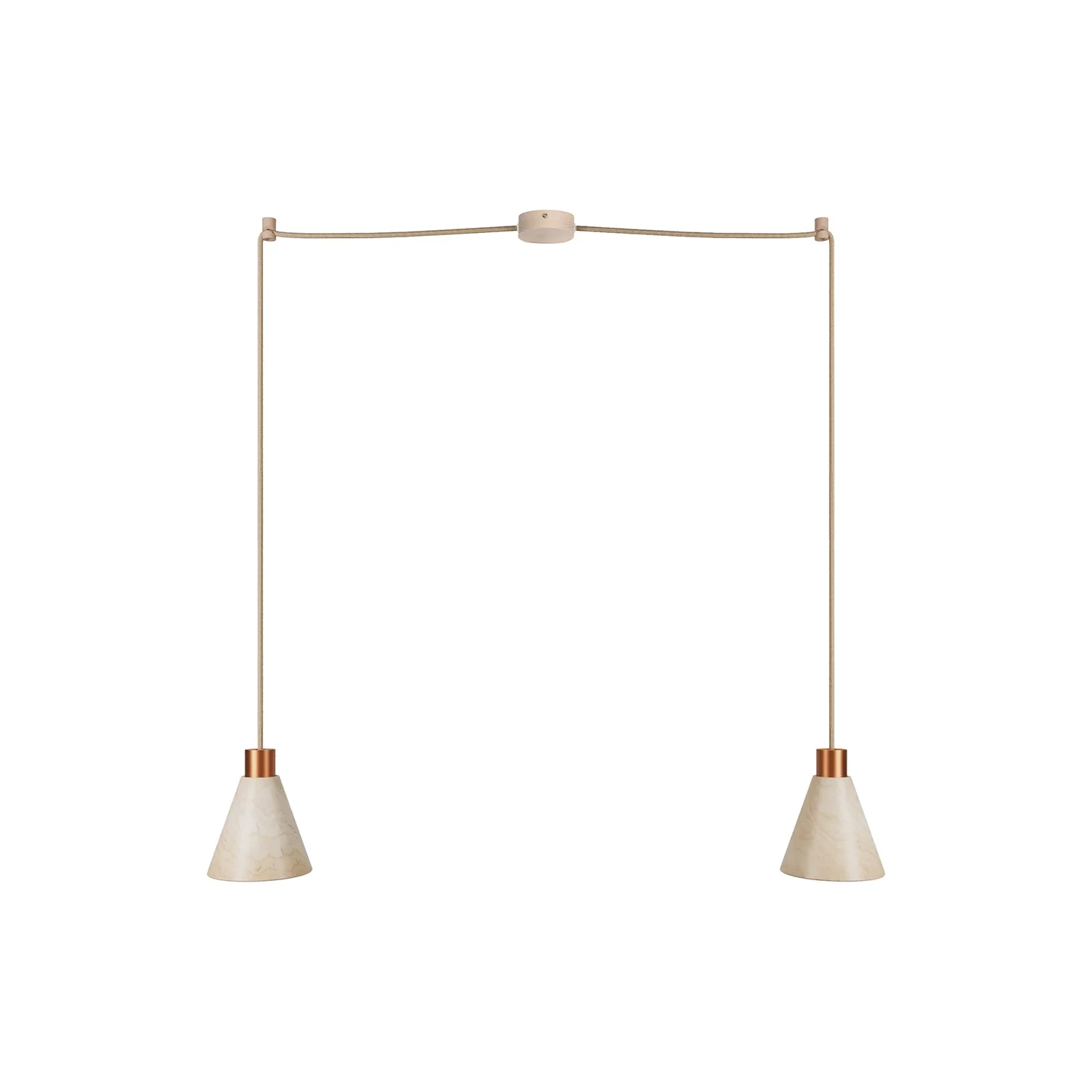 Pendelleuchte mit 2 Abhängungen und konischen Lampenschirmen aus Holz – Satin-Kupfer