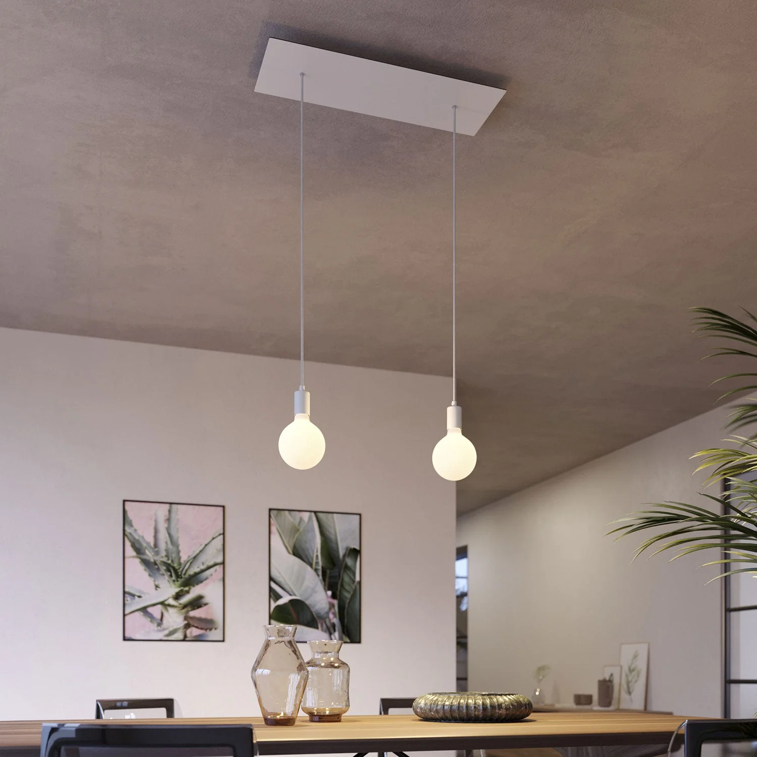 Pendelleuchte mit 2 Abhängungen und XXL Rose-One rechteckig 675 mm in Metall-Optik – Mattweiß - Image 2