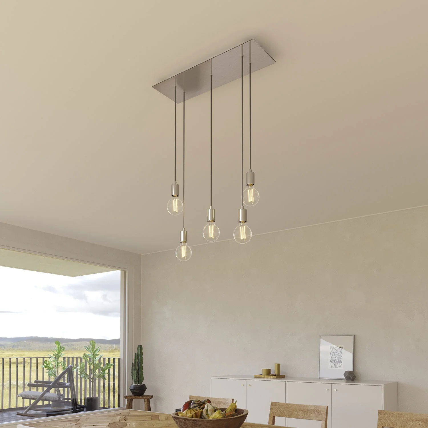 Pendelleuchte mit 5 Abhängungen mit XXL Rose-One rechteckig 675 mm mit Metalloberflächen – Satinierter Stahl - Image 2