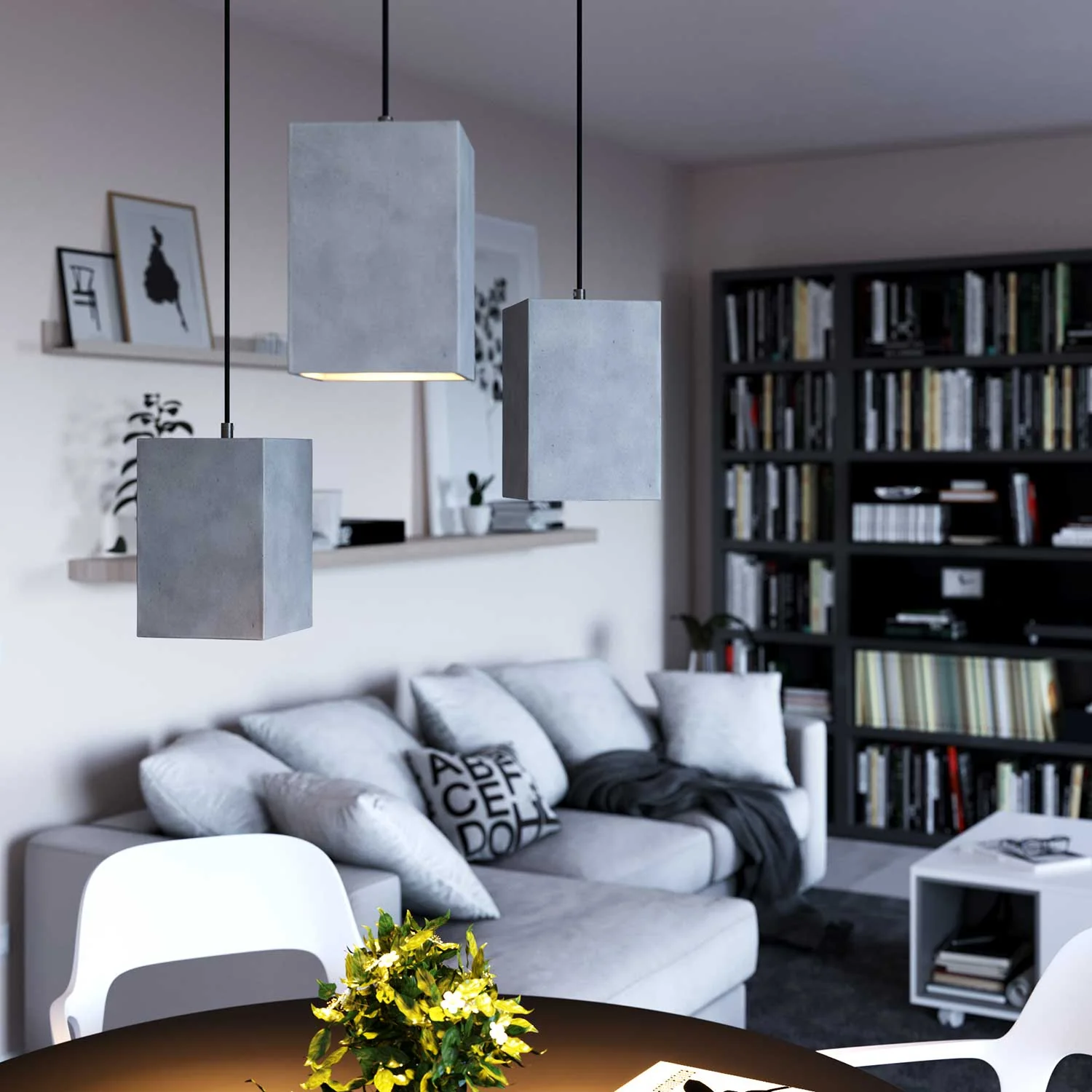 Pendelleuchte mit Textilkabel, Würfelförmigem Betonschirm und Metallakzenten – Heller Beton - Image 3
