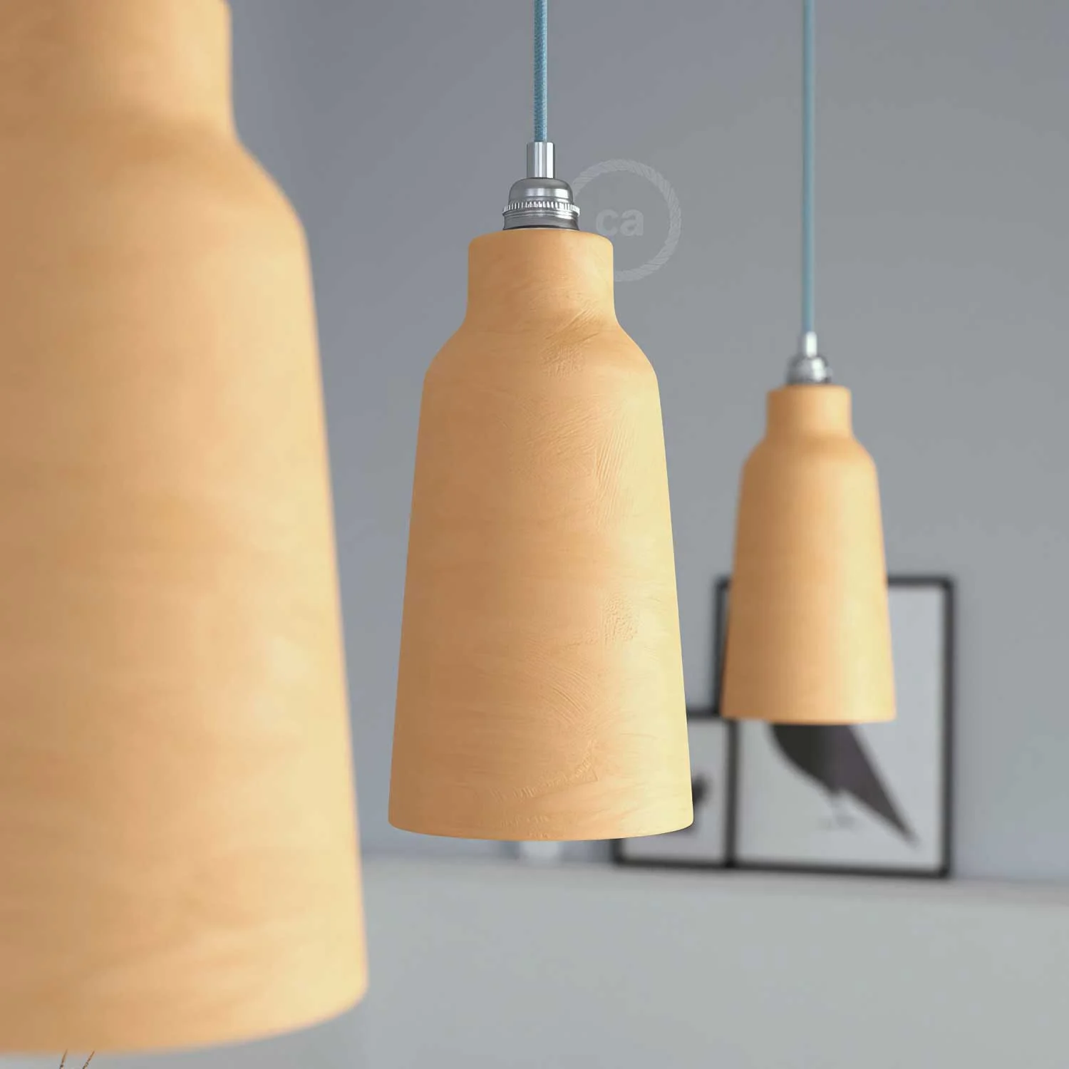 Pendelleuchte komplett mit Textilkabel, Flaschenschirm aus Keramik und Metall-Details – Terrakotta gestreift - Image 3